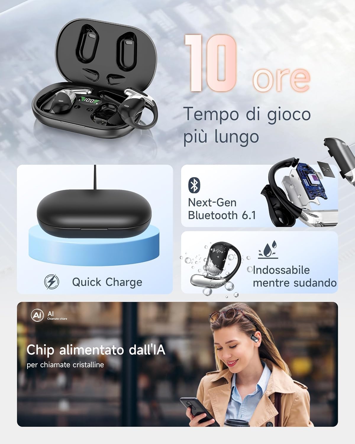 Cuffie Open Ear Bluetooth 6.1 con IA, 50 Ore Auricolari Sportive con Ganci Auricolari Flessibili, Touch Intelligente, Ricarica Rapida 1 Ora, Custodia Ricarica Doppio LED Cuffie Running Senza Filo