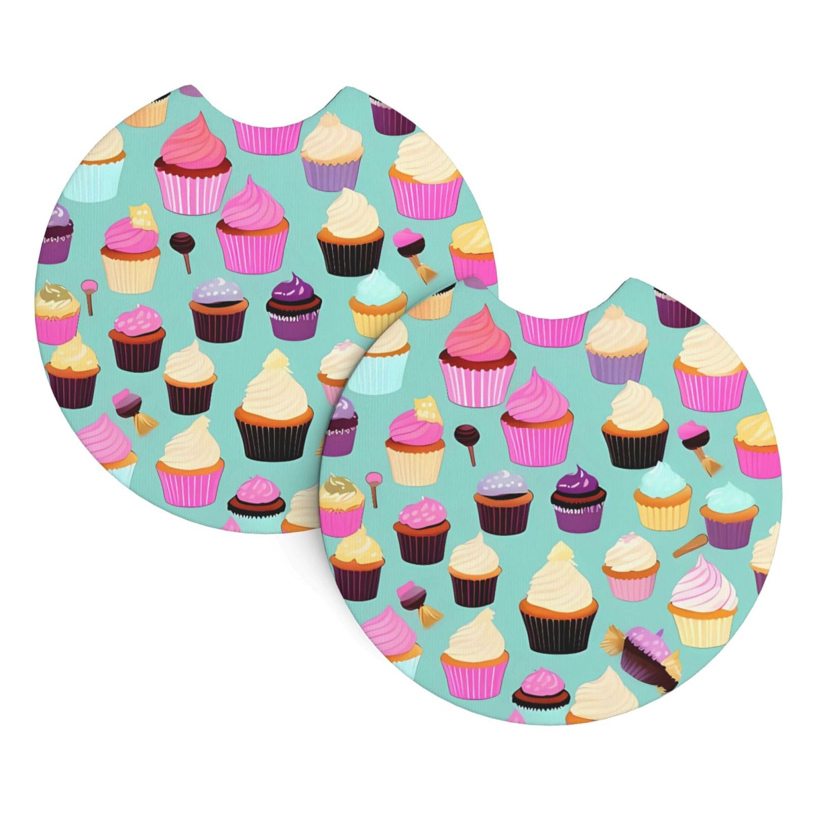 2 Pack Car Coaster for Cup Holders Cupcake Pattern Car Cup Coaster 2.7" Neoprene Non-Slip Automotive Cup Mat Universal Auto Car Interior Accessories for Women Men Cup Pad
