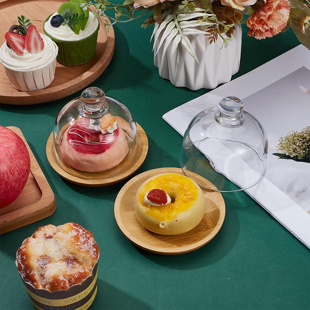 NBEADS 2 piezas de cúpula de postre de vidrio con base, mini cúpula de bambú para tartas, tarros de campana, bandeja de cristal para servidor, para cocina, fiesta de cumpleaños, boda, 8 cm de diámetro