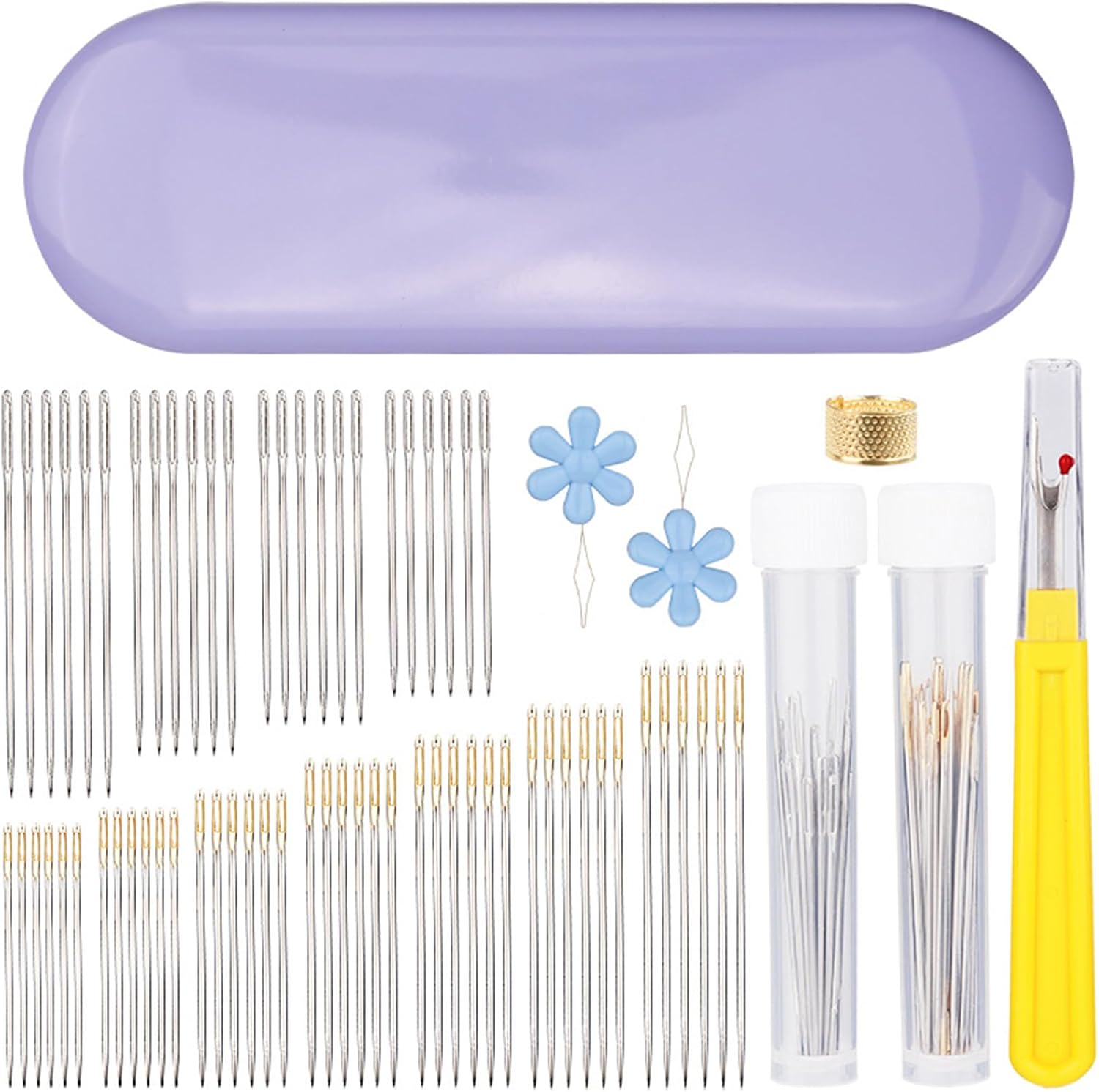 11 Sizes Stainless Steel Large Eye Embroidery Needle with Threader Thimble Storage Case for Hand Sewing Clothes Repair