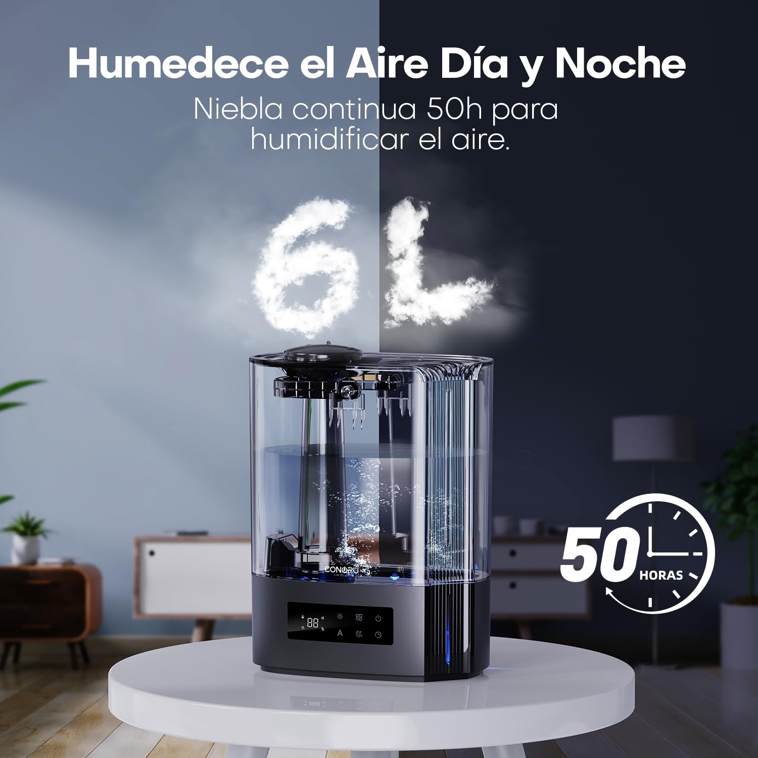 CONOPU Humidificador de Aire Ultrasónico 6L, Humidificador Silencioso de Aceites Esenciales con Tres Modos y Temperatura Constante, Humidificador Bebés con Varios Modos de Humedad
