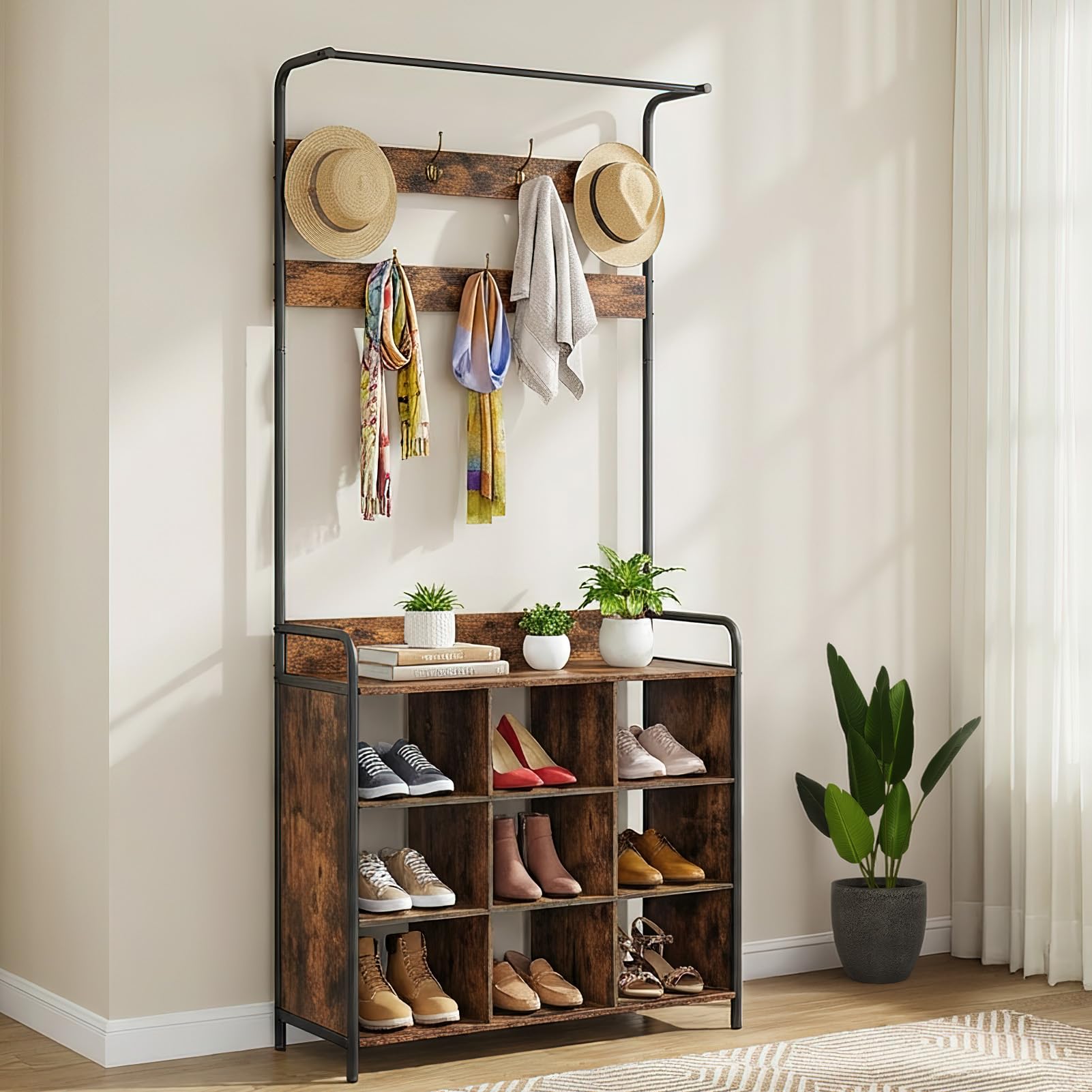 HAUSPROFI Garderobe mit Schuhablage, Kleiderstange, 7 Haken, 9 offenen Ablagen, Industriedesign, für Eingangsbereiche und Flure, Retrobraun, 78,7 x 29,2 x 180,3 cm (L x B x H)