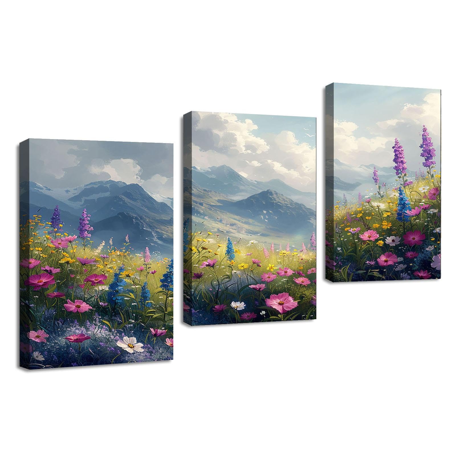 TZKRWRH Panorama Cuadro Personalizado Lienzo, Monta帽as De Flores Silvestres Murales De Pared Sala De Estar Dormitorio Arte De Pared-40x60cmx3 Enmarcado (Gris,Rosa 26)