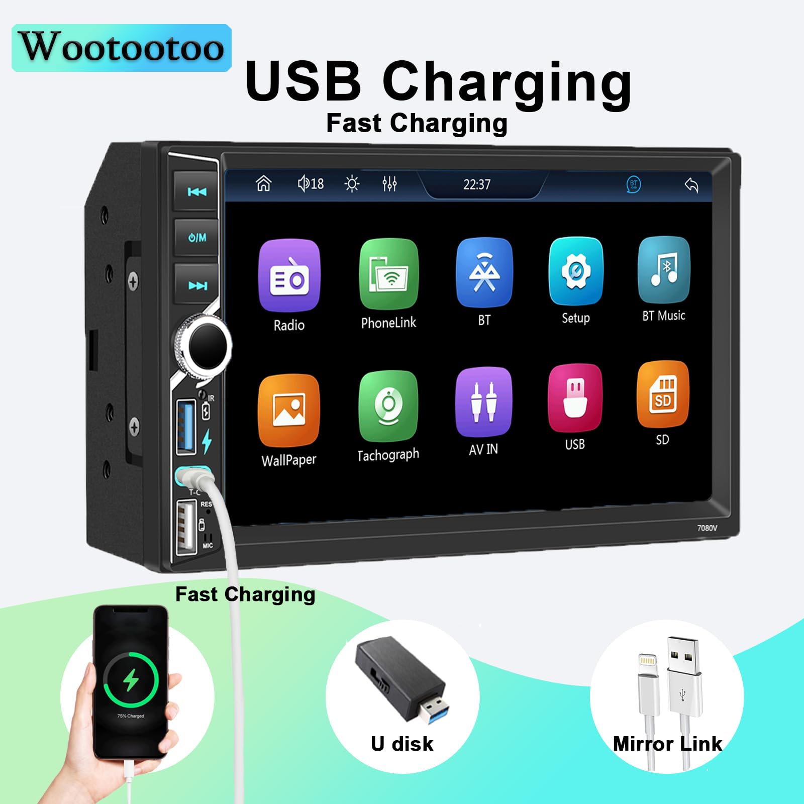 Autoradio 2 DIN BT Autoradio Car Play Voiture avec sans Fil carplay & Android Auto,Double Din 7 Pouces HD Écran Tactile,RDS Radio FM/Type C/Charge Rapide/Microphone/Caméra de recul