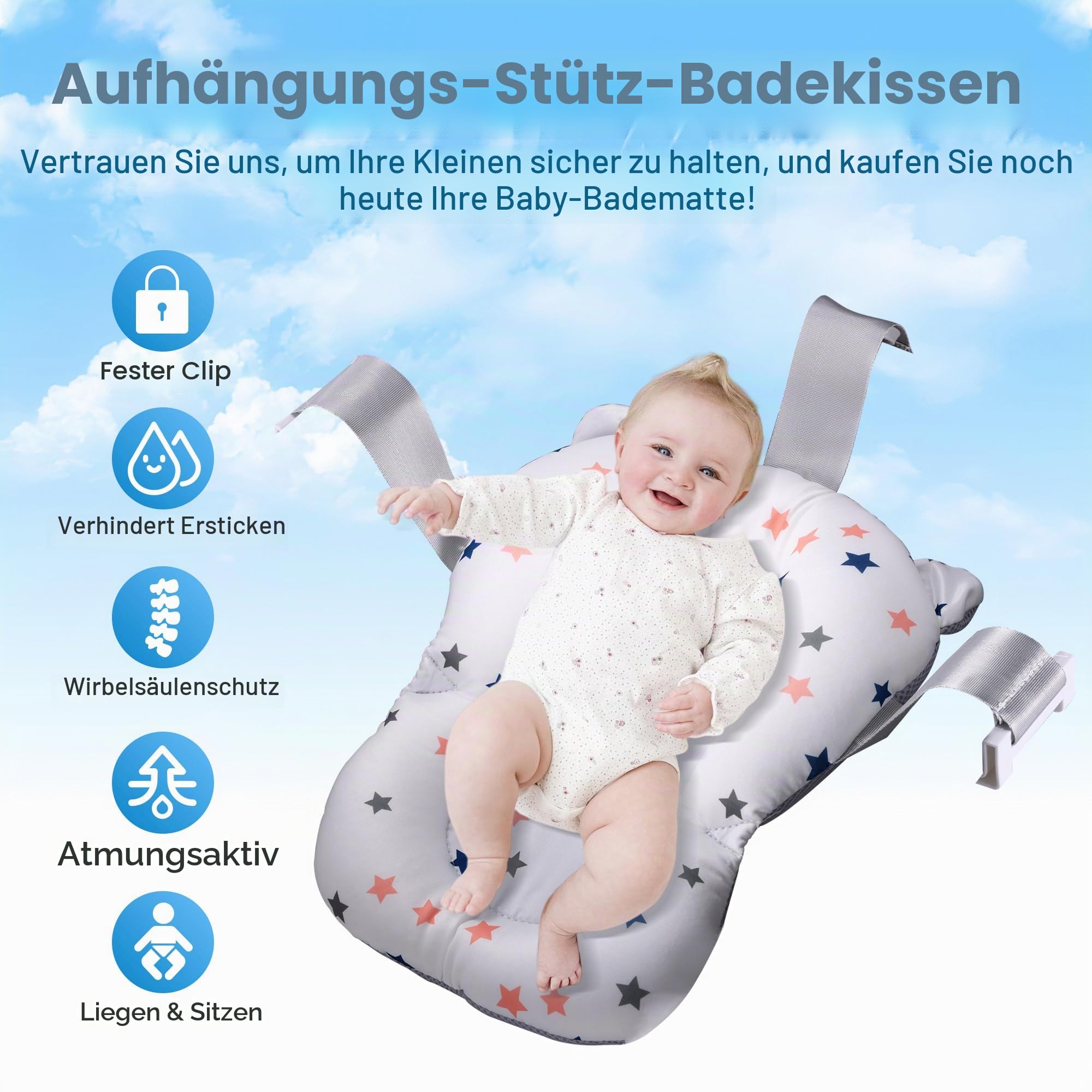 Large Foldable Baby Bath with Bath Mat, Baby Bathtub Foldable with Shower Head Connection and Integrated Thermometer (BLUE+)