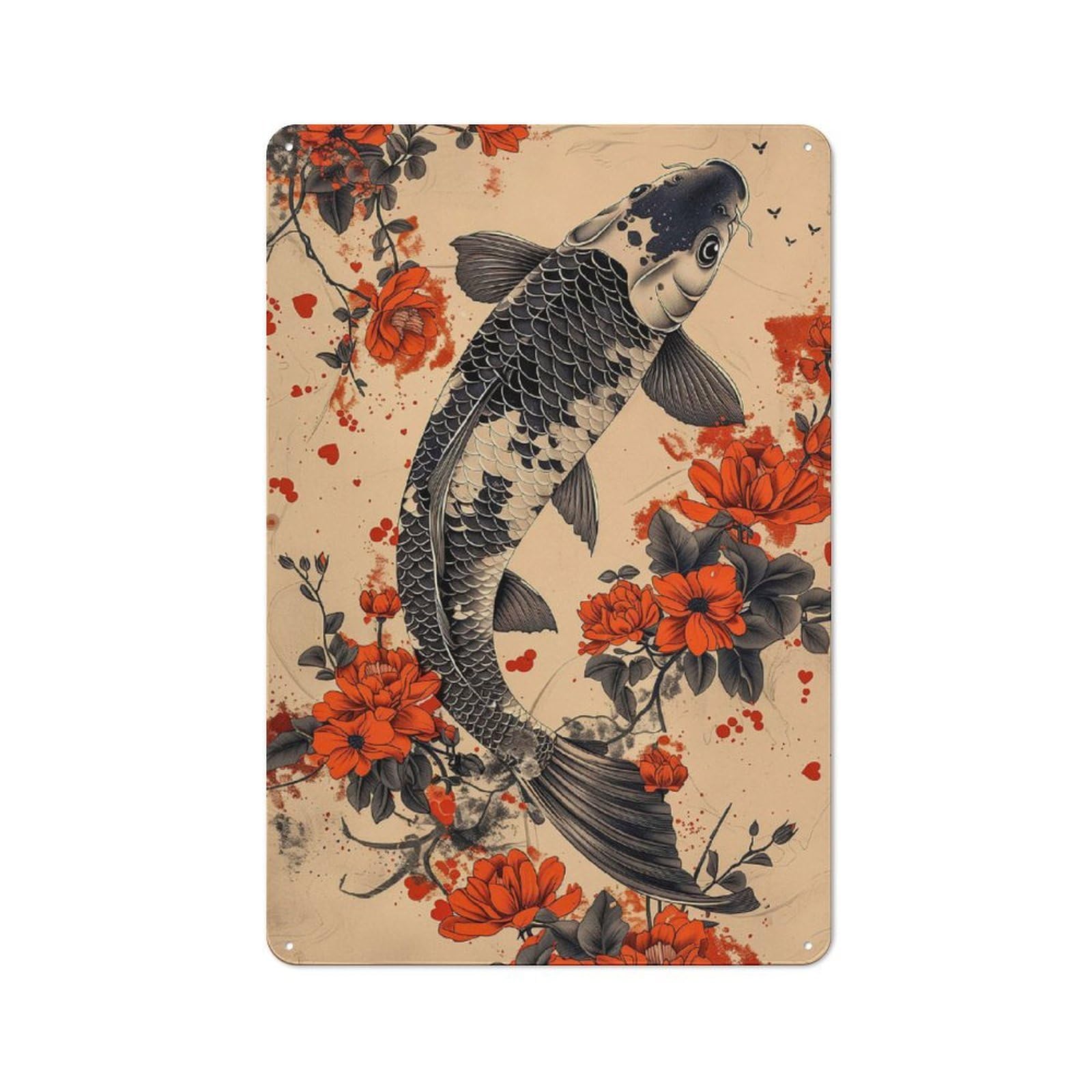 Ink Art Koi Fish Decorative Tin Sign 30x20cm, Old Fashioned Vintage Wall Decor for Lounge, Study, Pub Or Wall Gallery