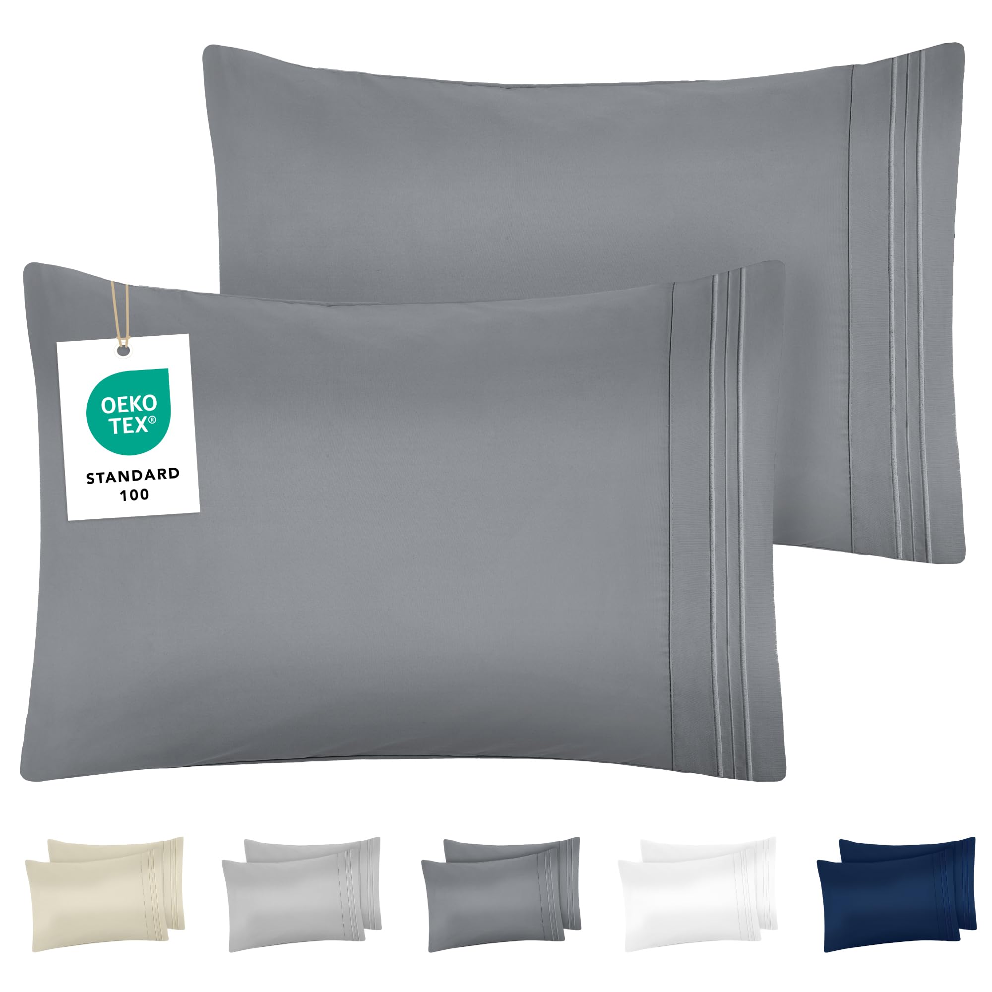 DREAMZIE Kissenbezug 40x70 Anthrazit 2er Set Premium Mikrofaser mit Stickmuster Oeko-TEX Zertifiziert - Kopfkissenbezug 40x70 Weich