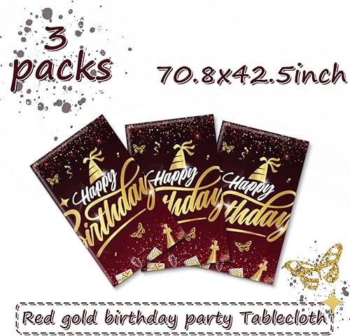 Miniatura 4 de Decoraciones de feliz cumpleaños, 3 manteles de cumpleaños rojos y dorados, fundas rectangulares de plástico desechables para mesa de cumpleaños,