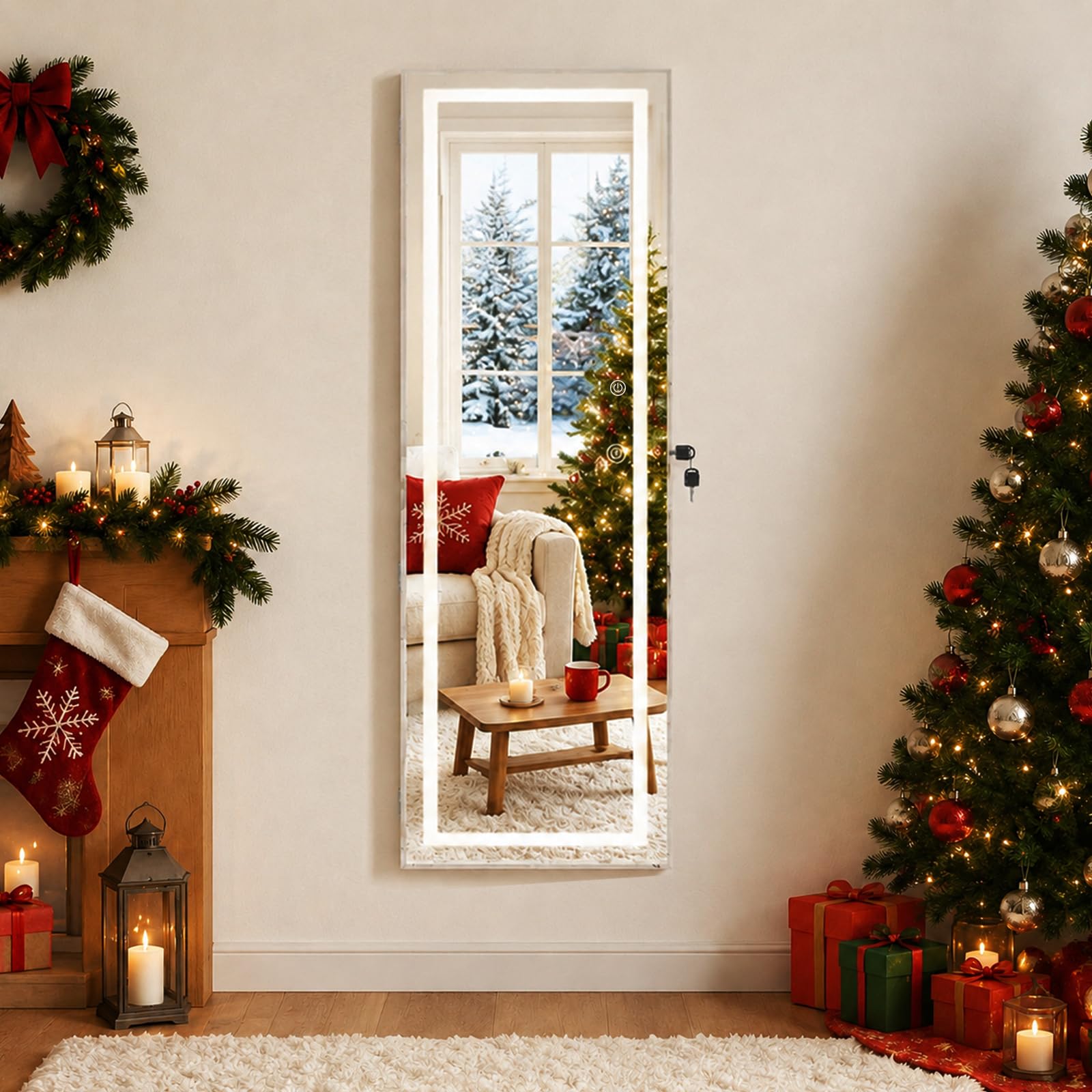 Schmuckschrank，Spiegelschrank, Schmuckschrank mit Spiegel & Touchscreen-LED-Licht, Wandschrank, Wandmontage, an der Tür hängend, Schmuck-Organizer für Ohrringe, Halsketten, Ringe (Weiß, 110x30cm)