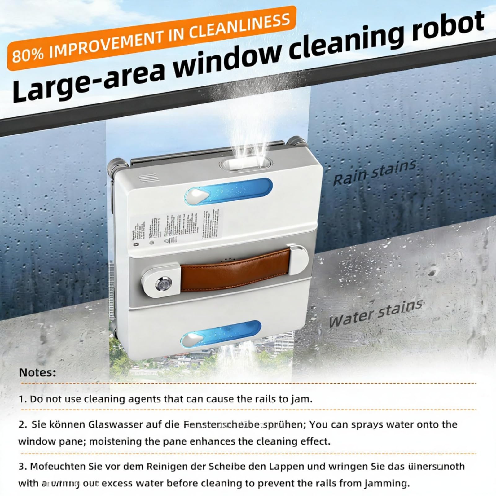 Robot Lavavetri Finestre 4000PA, 3 Modalità di Pulizia, Include 4 Ugelli e Corda Sicurezza 5 Metri, Lavavetri Elettrico Robot Pulisci Vetri per Finestre Interne ed Esterne