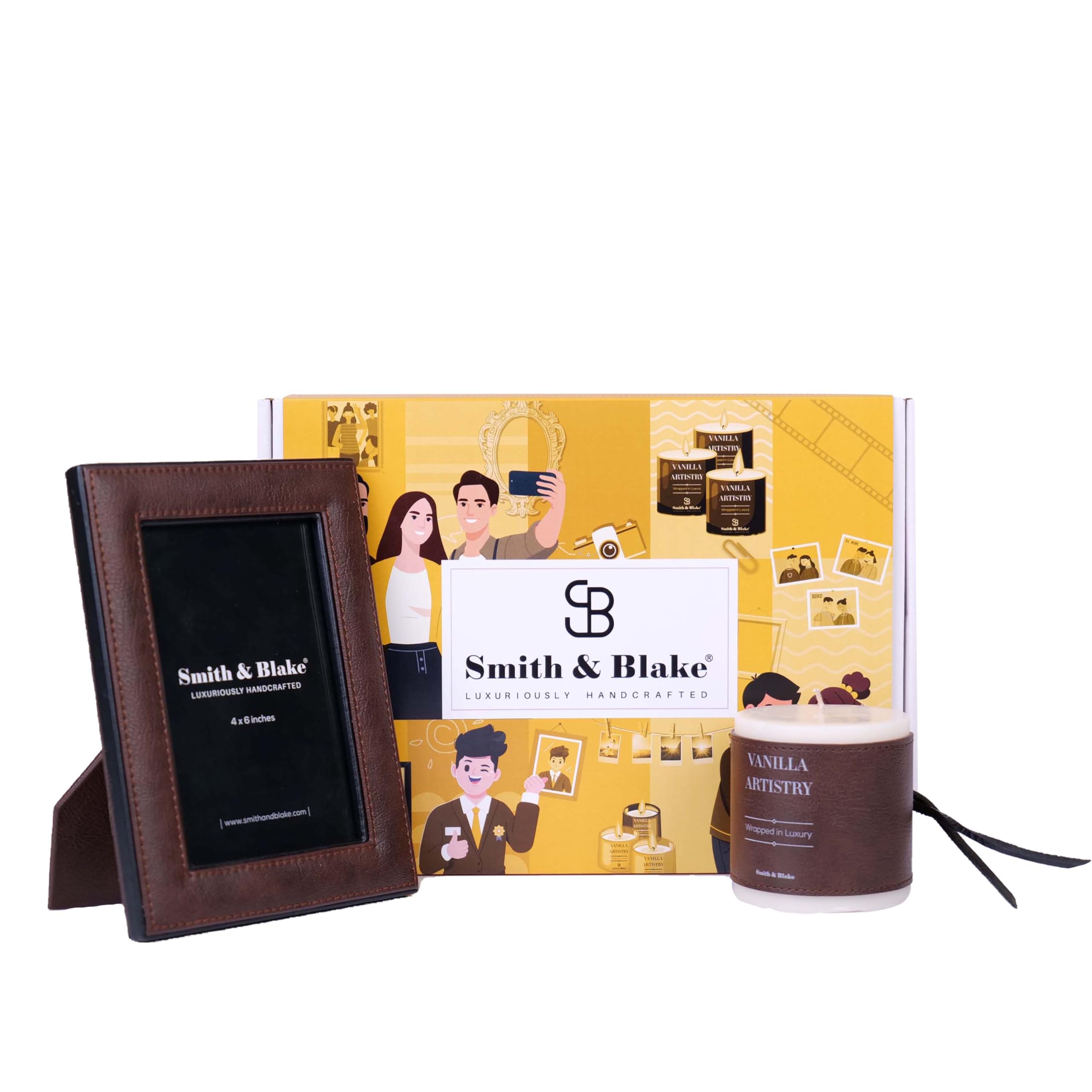 Smith & Blake - Gift Combo Set - Photo Frame, Candle - Premium Leatherette - Candle-lit Moments Collection