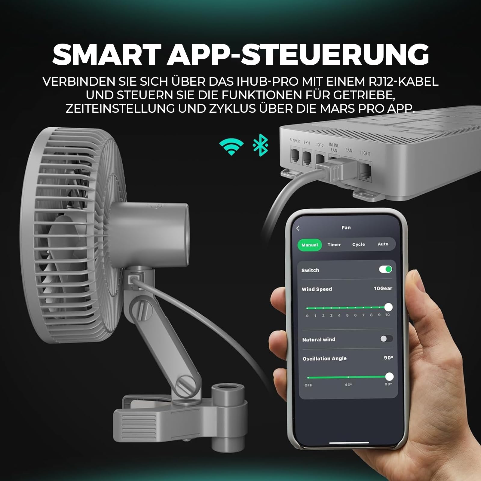 MARS HYDRO Grow Ventilator Oszillierend mit Clip 6-Zoll, 10 Windstufen | EC-Motor, APP/WiFi Steuerung über iHub oder iControl, 32dB Leiser Lüfter für Growboxen, Growzelt, 9W