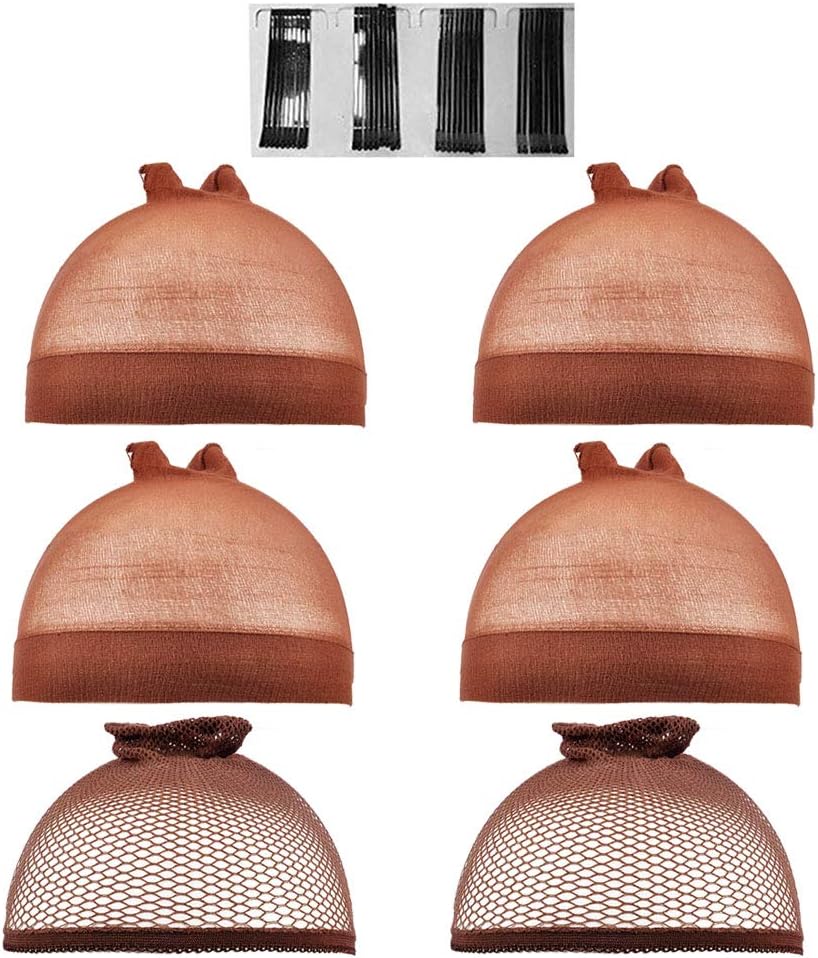 Lady Up Brown Stocking Wig Cap Nylon and Mesh Dome Caps for Wigs Stretchy Adjustable Wig Cap Set with Bobby Pins