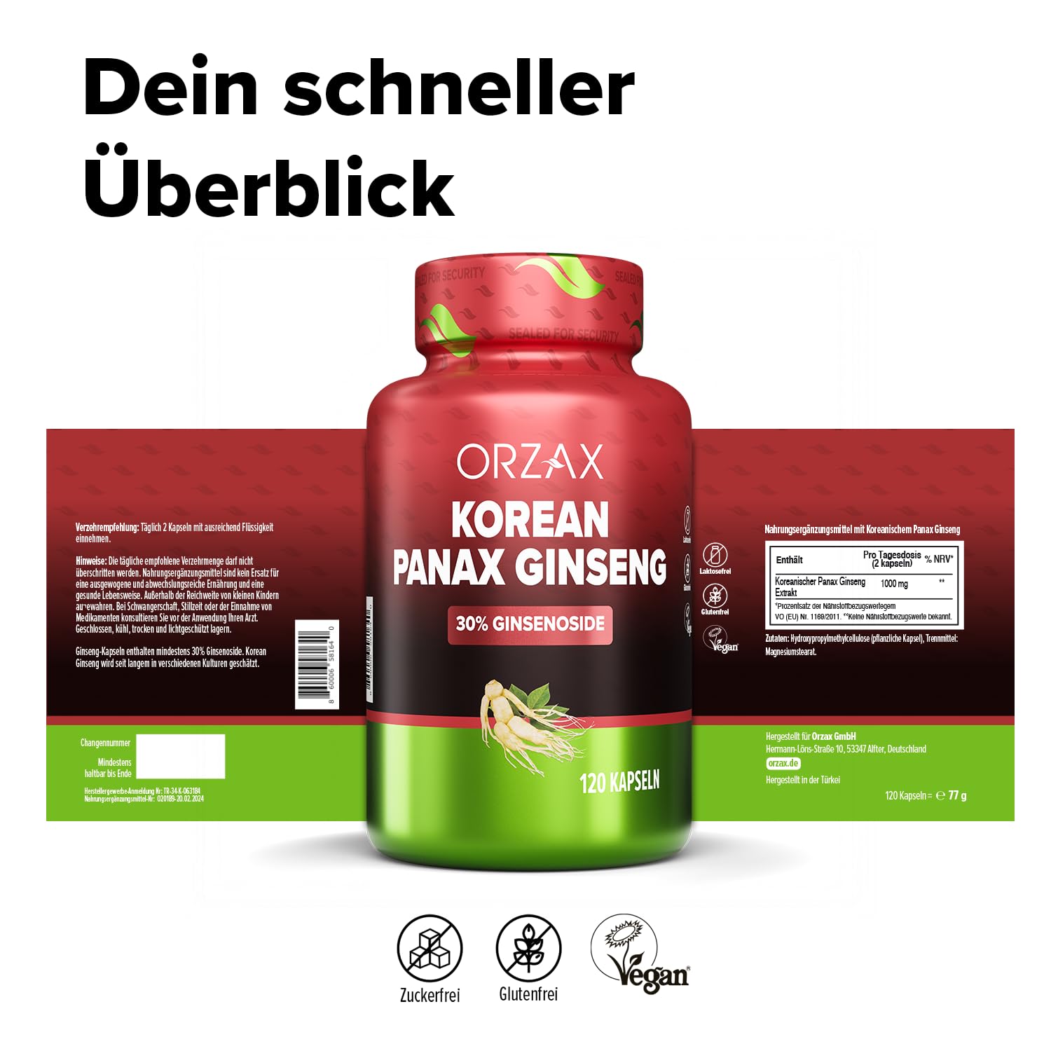 ORZAX Panax Ginseng C.A. Meyer – 1000mg Hochdosiert – 30% Ginsenoside – 120 Kapseln – Original Koreanischer Ginseng Wurzel-Extrakt – Vegan & Laborgeprüft