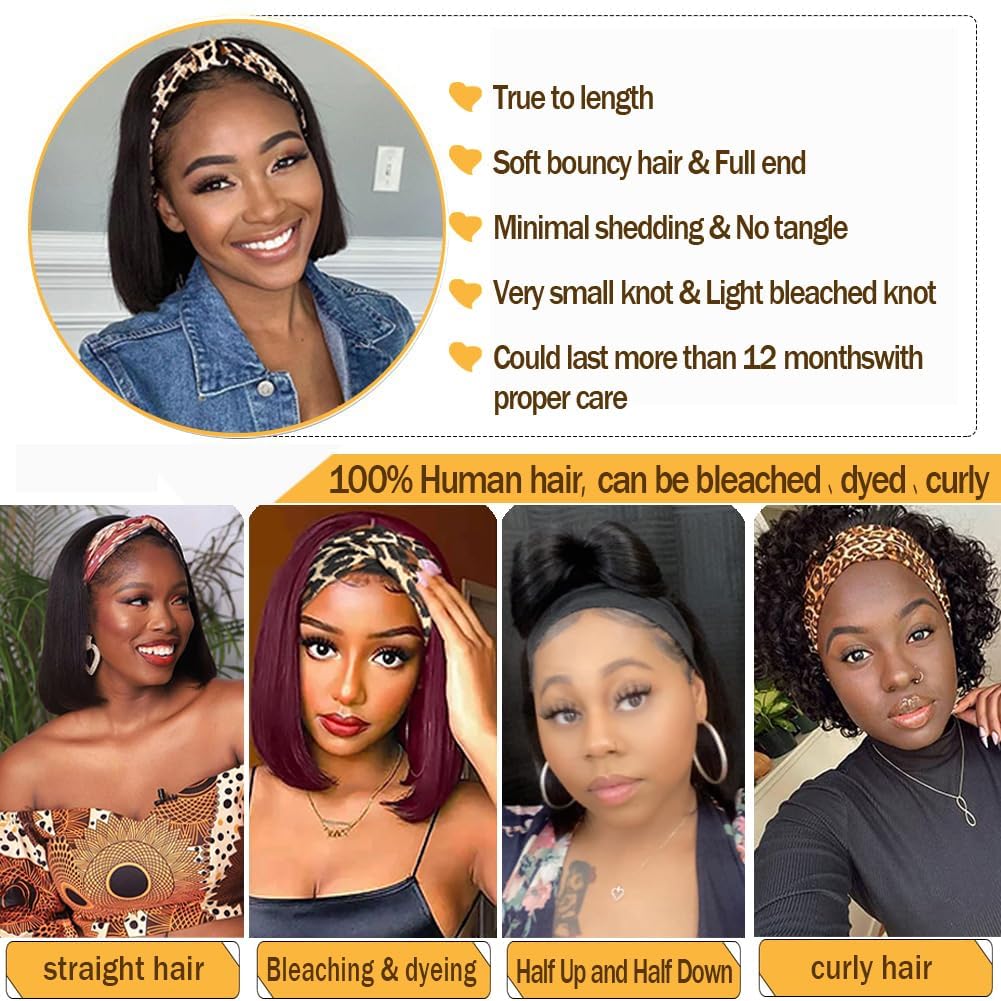 Amazon.com: Straight Bob Headband Wig Human Hair None Lace  display picture 3