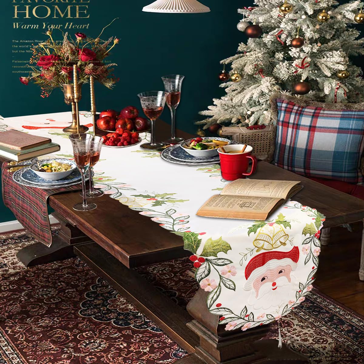 MULBESS Holiday Christmas Table Runner 70 Inches Long, Embroidered Santa Claus Garlands Poinsettia Farmhouse Dresser Scarf Table Topper for Home