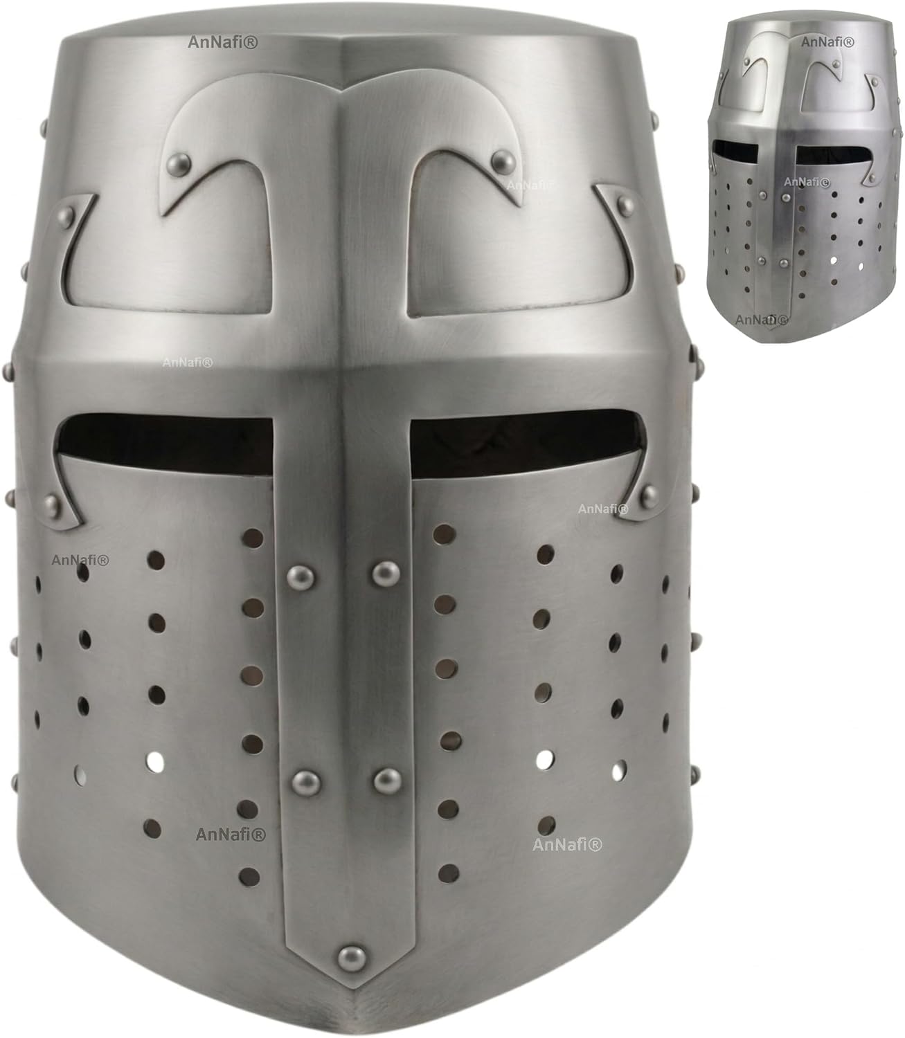 AnNafi® Crusader Helmet | Knight Templar Helm | Medieval Armour Wearable for Men Antique Helmets | Combat Free-Size Reenactment SCA LARP Cosplay Costumes Armor Silver | Halloween & Drama Costume