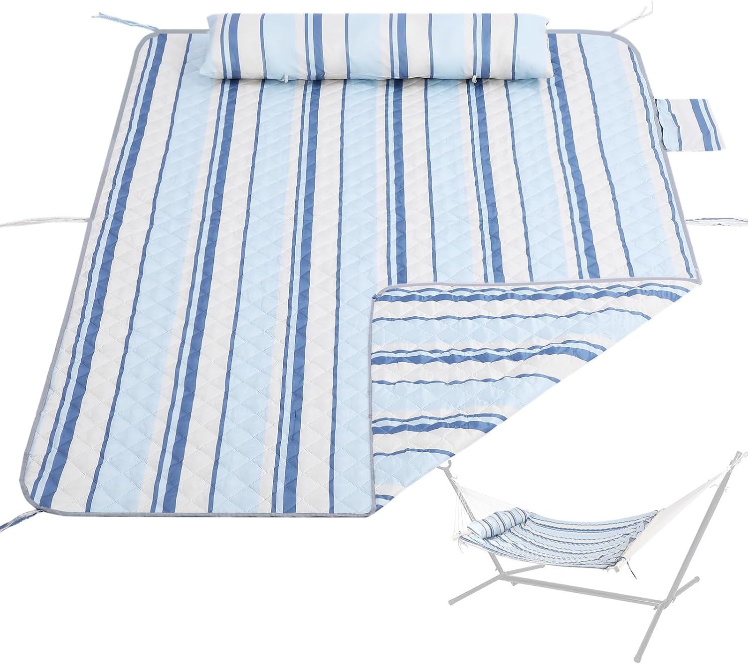 Double Hammock Pad and Pillow Set,78" x 55"Polyester Quilted Hammock Pad, Enhanced Comfort for Rope Outdoor Patio, Garden, Beach Hammocks, BlueStripe