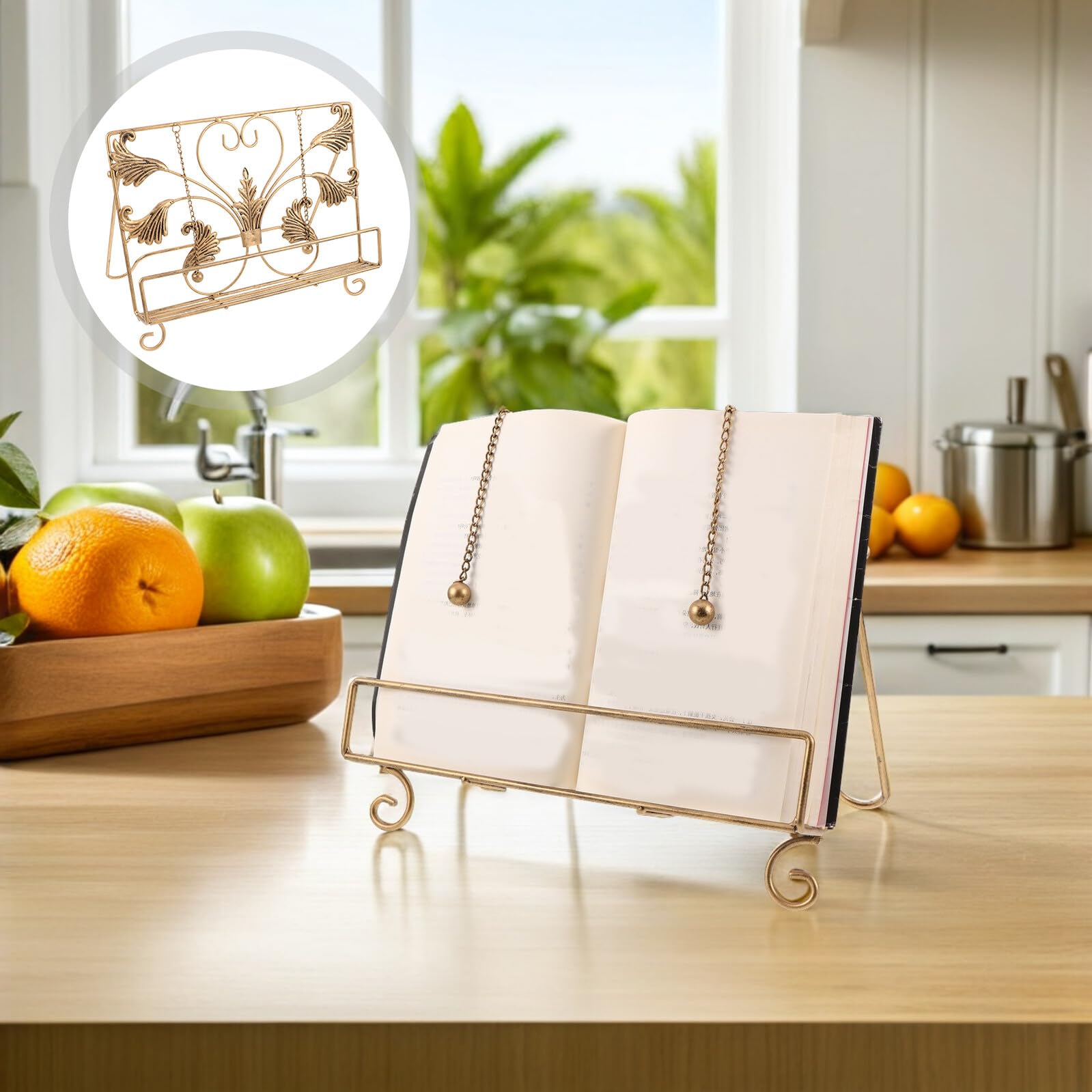 Żeliwny Stojak Książki Kucharskie z Grubym Łańcuchem Antyczny Uchwyt Do Przepisów i Książek Blat Kuchenny Vintage Żelazny Organizer Do Czytania i Ekspozycji Książek