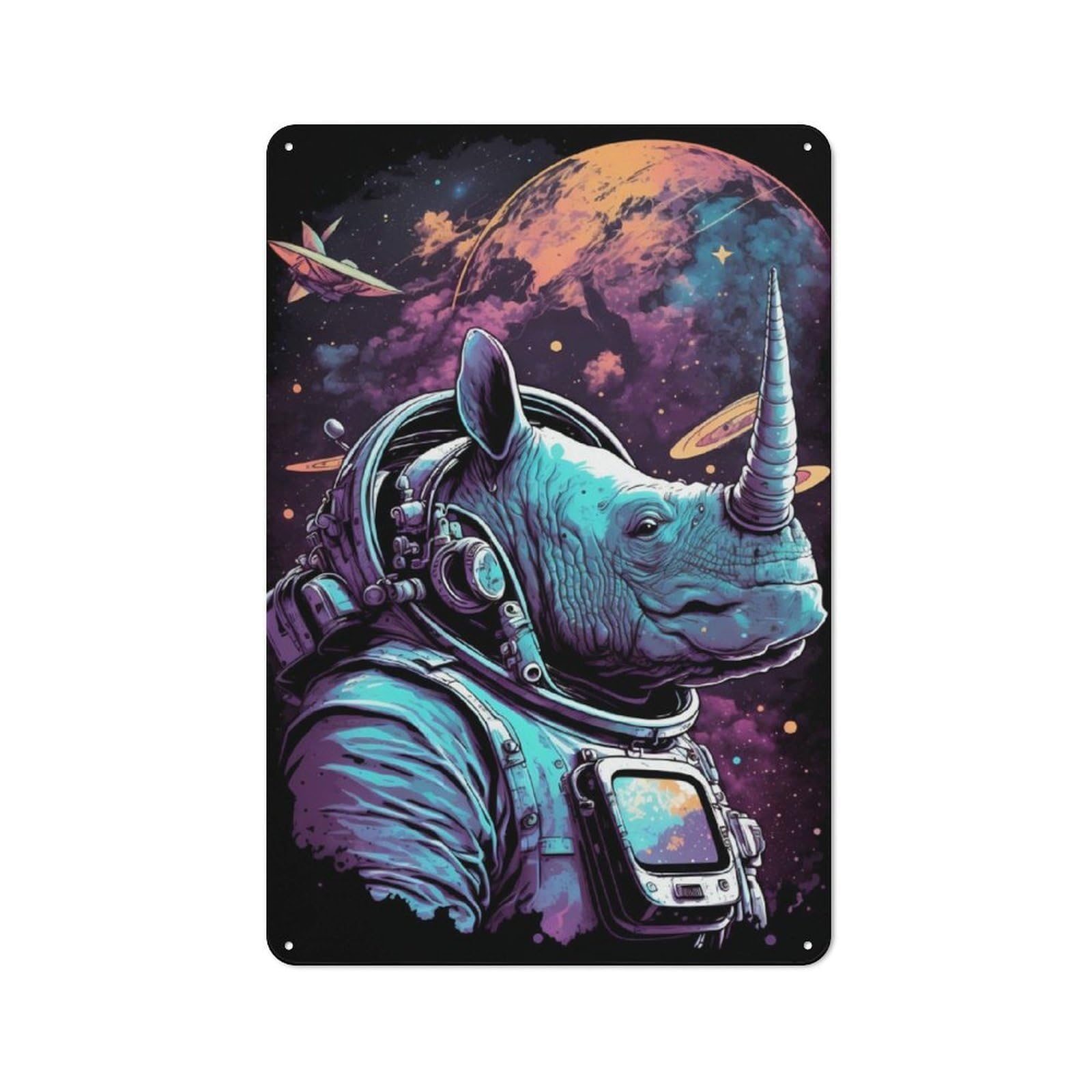 Junmoney Style-2 Space Rhino Astronaut Art Print Vintage Printed Metal Sign 30X20cm For Workshop Wall, A Decorative Gift For A Newly Furnished Workshop