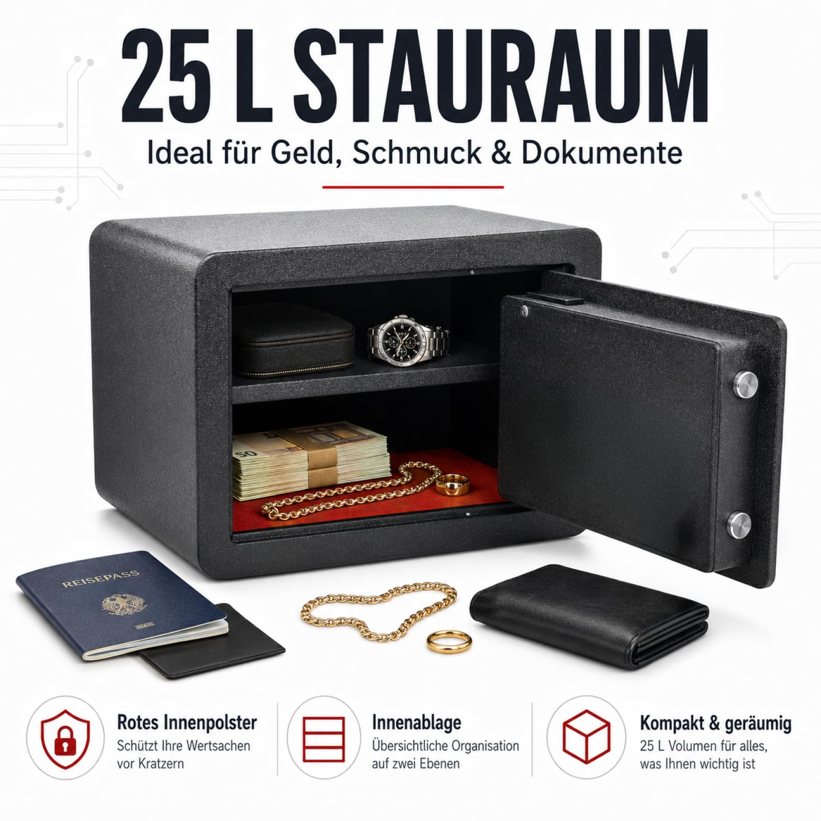 Bituxx Elektronischer Smart Tresor Safe Möbeltresor Wandtresor mini klein 25L mit Touch-Bedienfeld, PIN-Code & Schlüssel