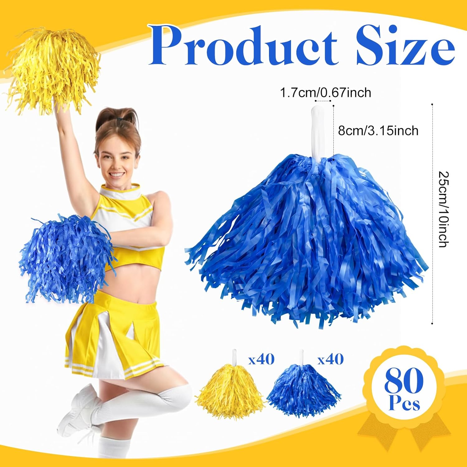 Meooeck 80 Pcs Cheerleading Pom Poms Sports Dance Spirit Cheer Pompoms with Handles Plastic Cheerleader Stuff for Sport Game Gymnastics Football Basketball Sports Team Dance Club Party