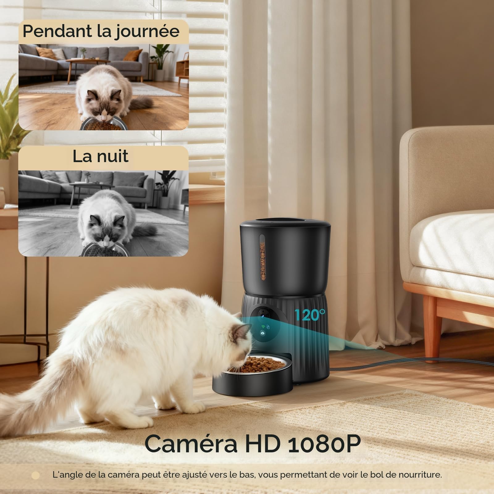Faroro Distributeur Croquettes Chat Automatique, Caméra HD 1080P avec Vision Nocturne, 5G WiFi Mangeoire pour Chat/Chien avec Audio Bidirectionnel, APP, Caméra Basculante et Double Alimentation