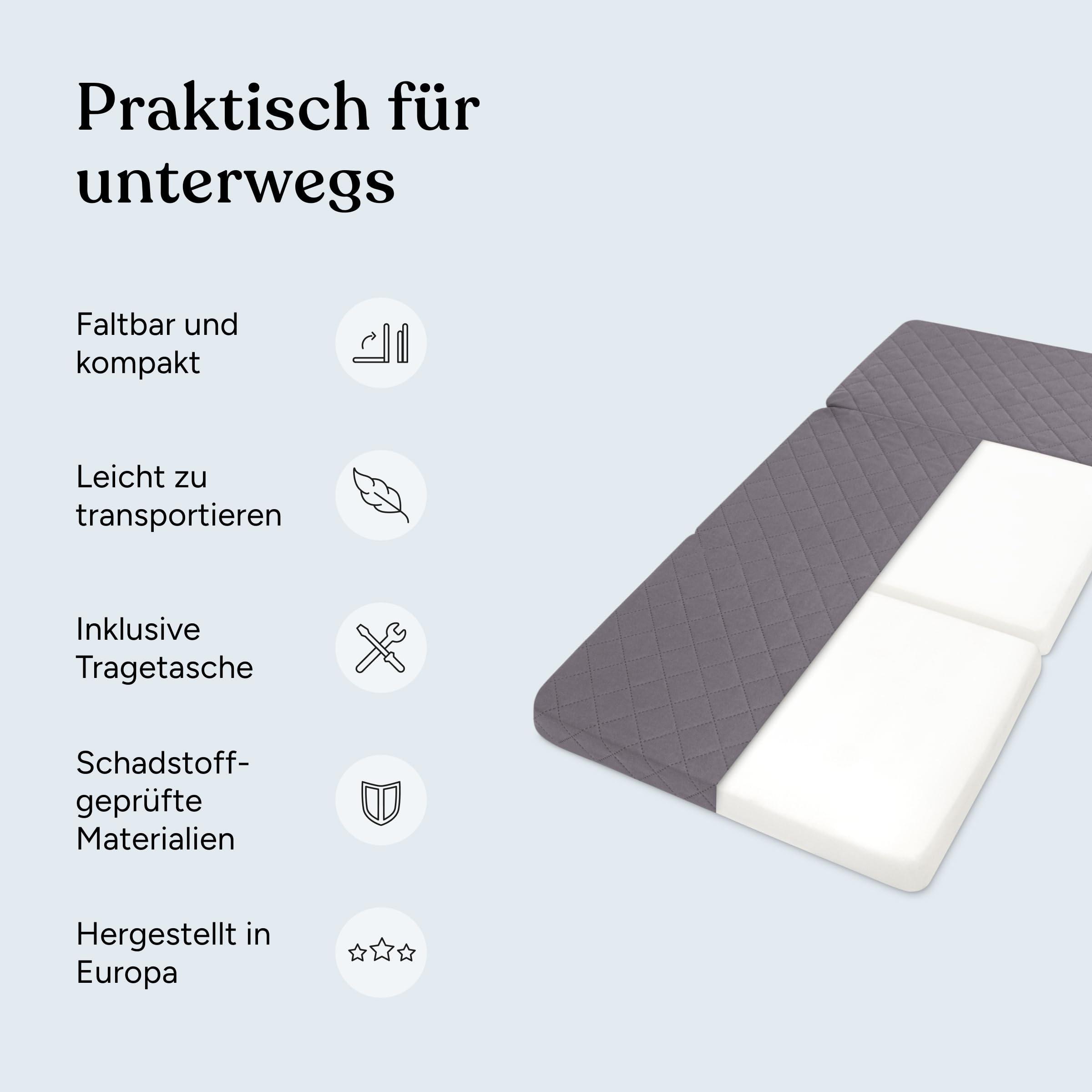 Ehrenkind® Reisematratze Go! | Reisebett Matratze 60 x 120 | Babymatratze 60x120cm | FALTBAR, aus hochwertigem Schaum mit waschbarem Hygienebezug in praktischer Tragetasche