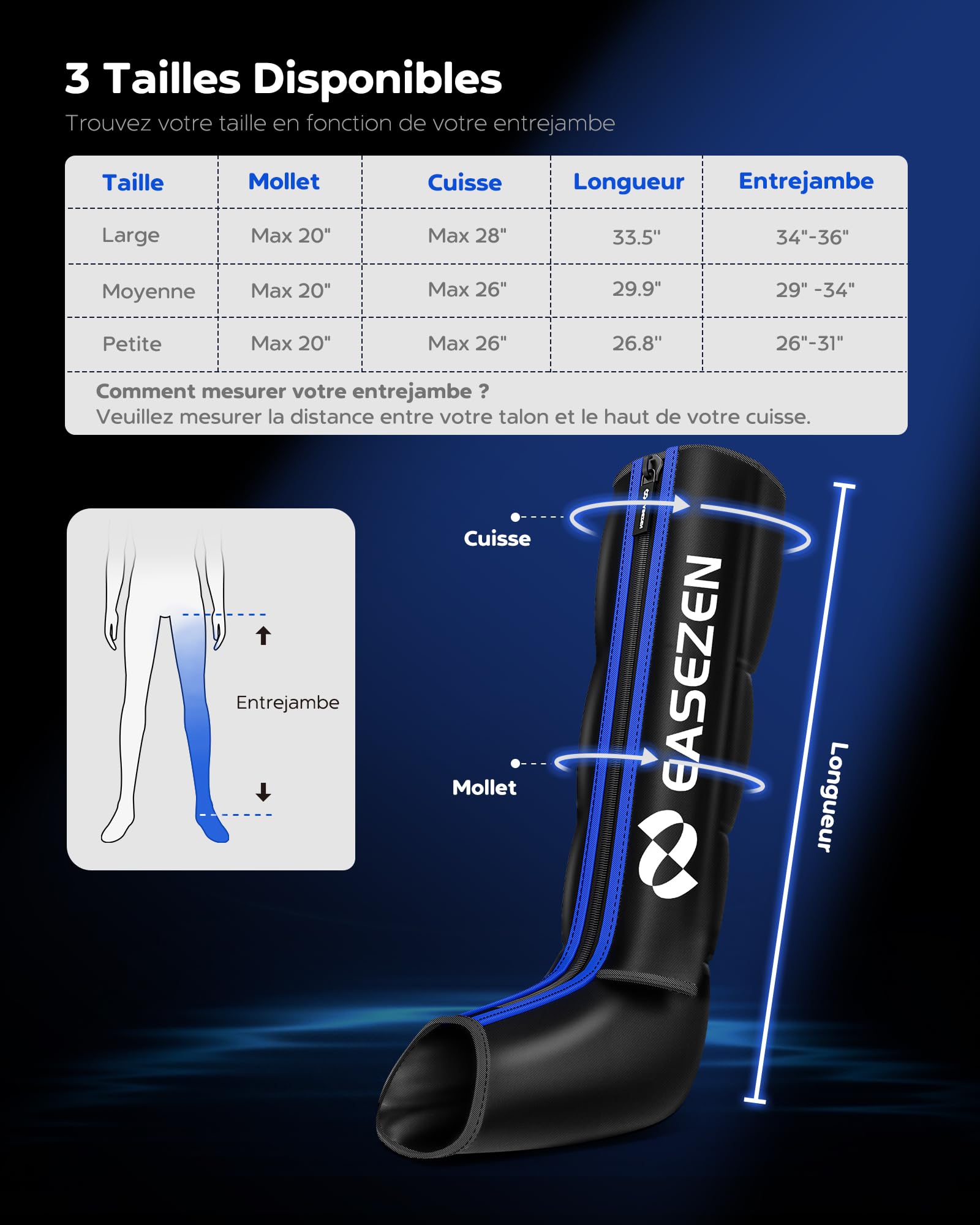 EaseZen Massage des Jambes par Compression d'air Taille M avec 6 Modes et 11 Niveaux d'intensité pour Améliorer la Circulation Sanguine et Soulager la Douleur, Compression Intégrales pour Les Jambes