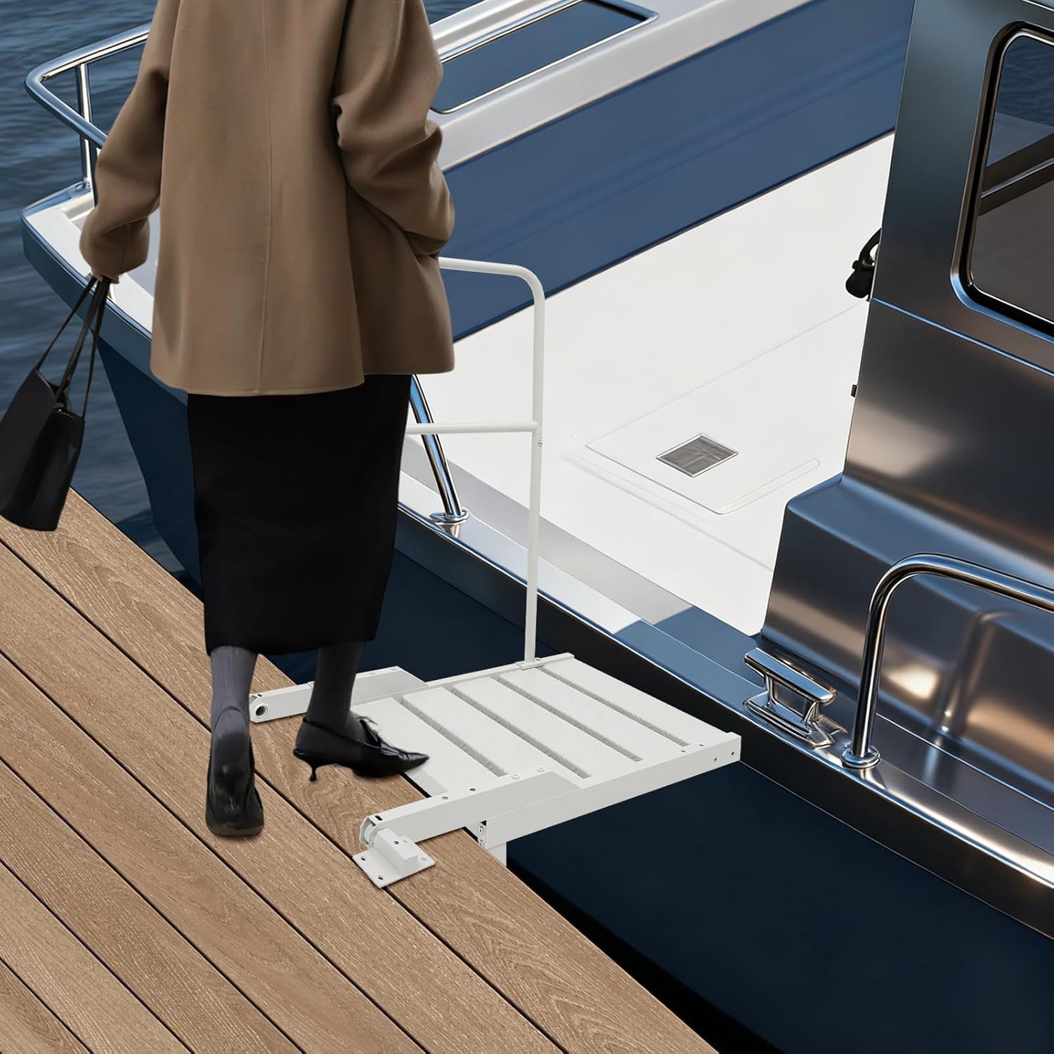 Large Boat Boarding Platform with Removable Handrail, Foldable Aluminum Alloy Boarding Step for Dock, Ramp, Kayak & Pets, 330 lbs Capacity, Grey