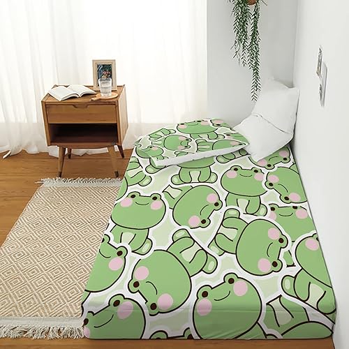Miniatura 8 de MUSOLEI Juego de sábanas bajeras de rana con diseño de rana para niños, niñas y adolescentes, 1 sábana bajera ajustable de bolsillo profundo con 1