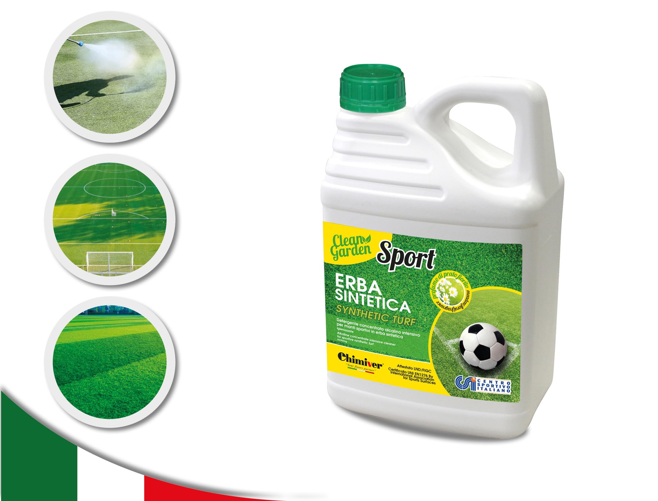 Chimiver® - Clean Garden Sport | Detergente Concentrado alcalino sanitizante Apto para la Limpieza de Superficies Deportivas y céspedes sintéticos. Tanque de 5L.