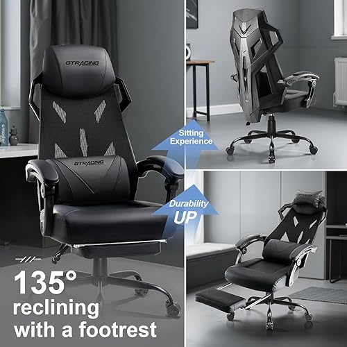 Miniatura 9 de GTRACING Silla para videojuegos, silla de computadora con respaldo de malla, silla ergonómica para juegos con reposapiés, silla reclinable con