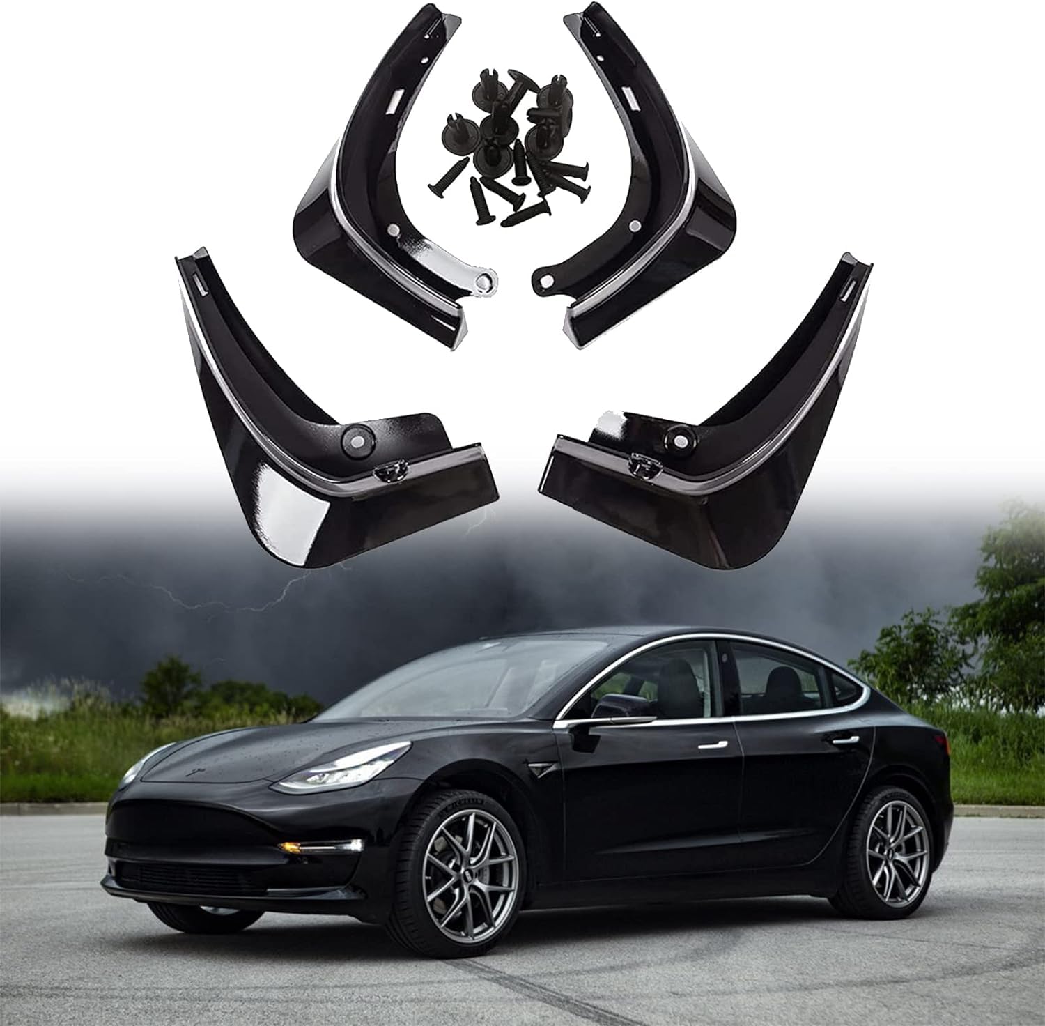 Lot De 4 Bavettes Garde-boue Pour Tesla Model 3 (2016-2022) - Blanc Nacré - Installation Sans Perçage