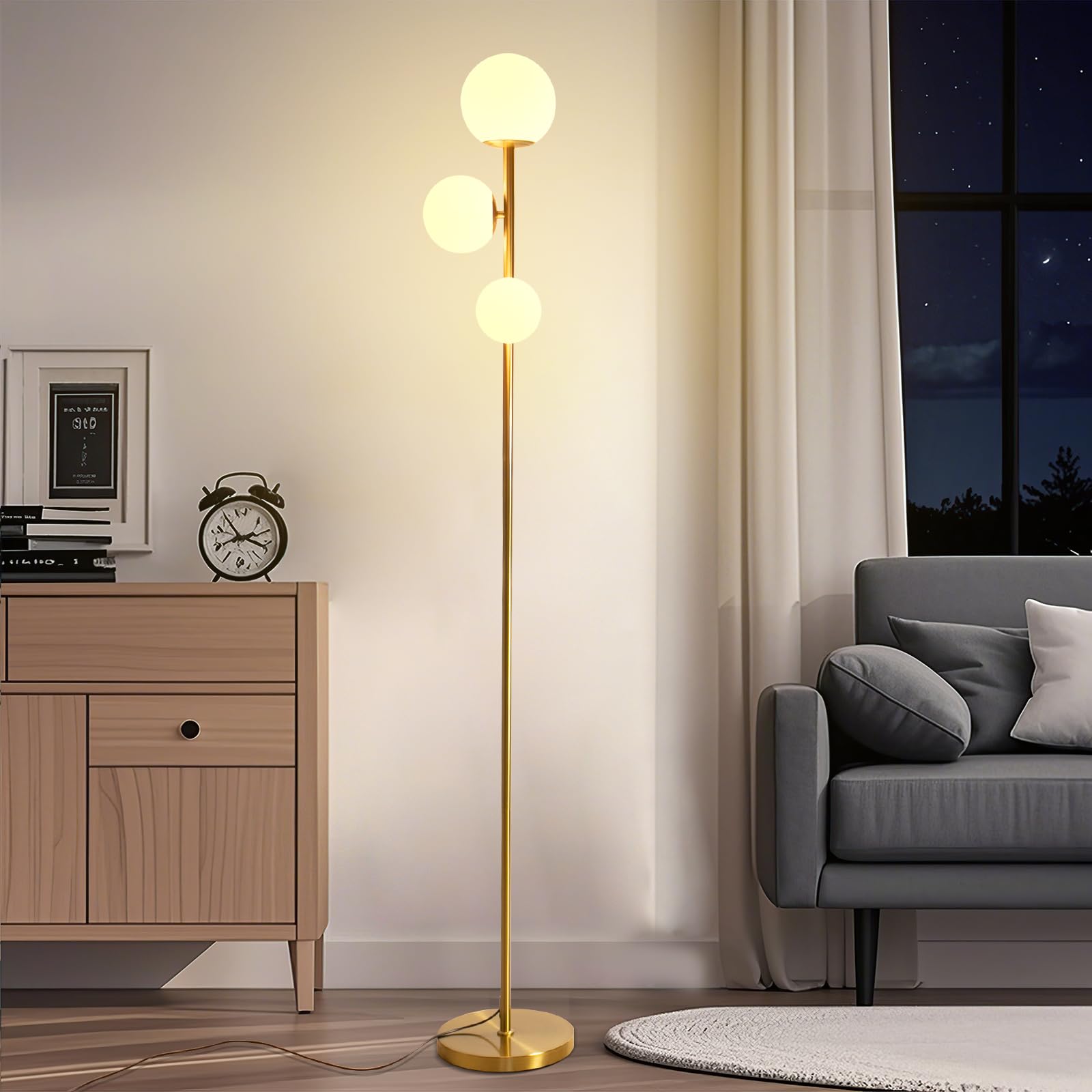 LED Stehlampe 168cm Gold – 3 Rundlichte, dimmbar, Fernbedienung | 168cm Stehlampe Gold | 3 Rundlichte | Dimmbar + Fernbedienung | Farbtemperatur einstellbar | Timer | Wohnzimmer, Büro, Flur