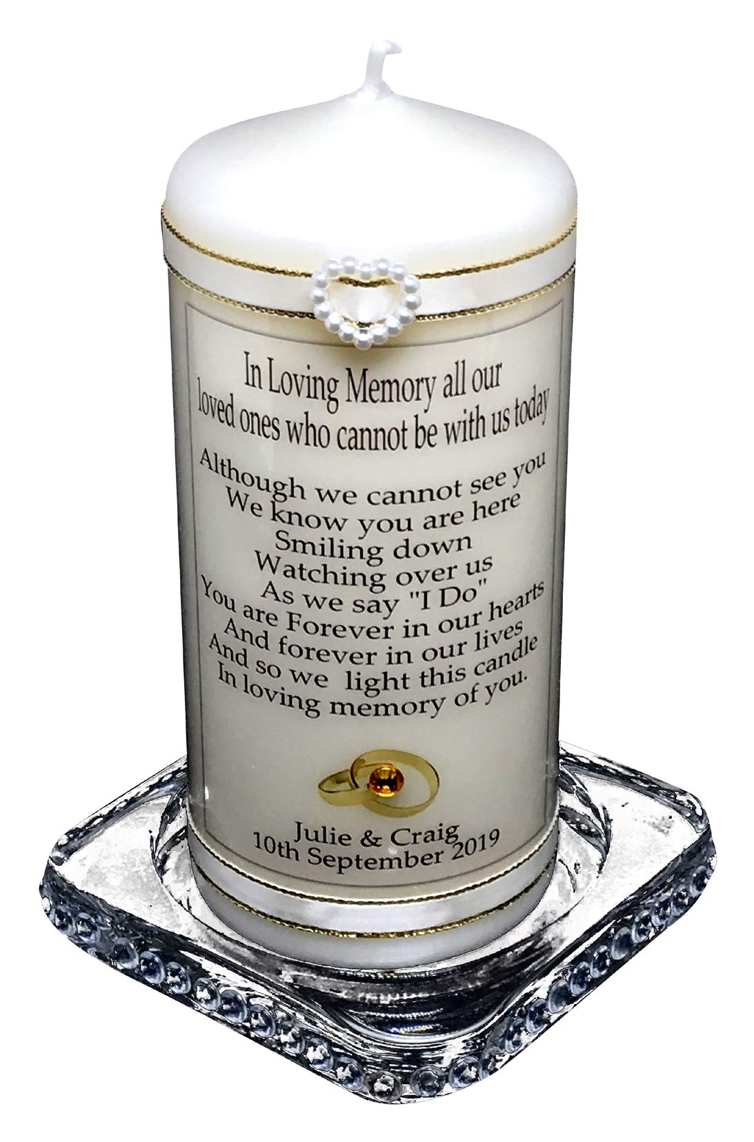Cellini Candles White Personalised Wedding Day Absence Candle With Gold Rings Design And Poem.