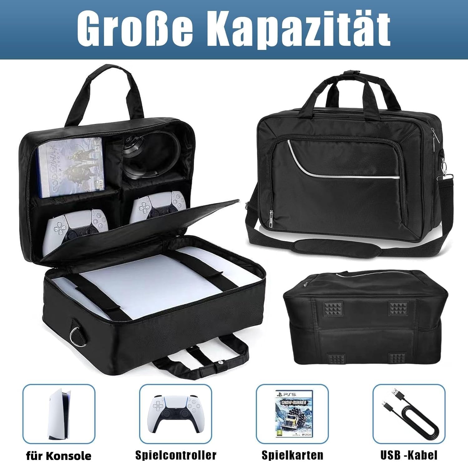 Kottwca Tasche Kompatibel mit Disk/Digital Edition, Spielconsole, Reisetasche für Konsole Controller, Spiel-Discs, Gaming Headset und anderes Zubehör-Schwarz
