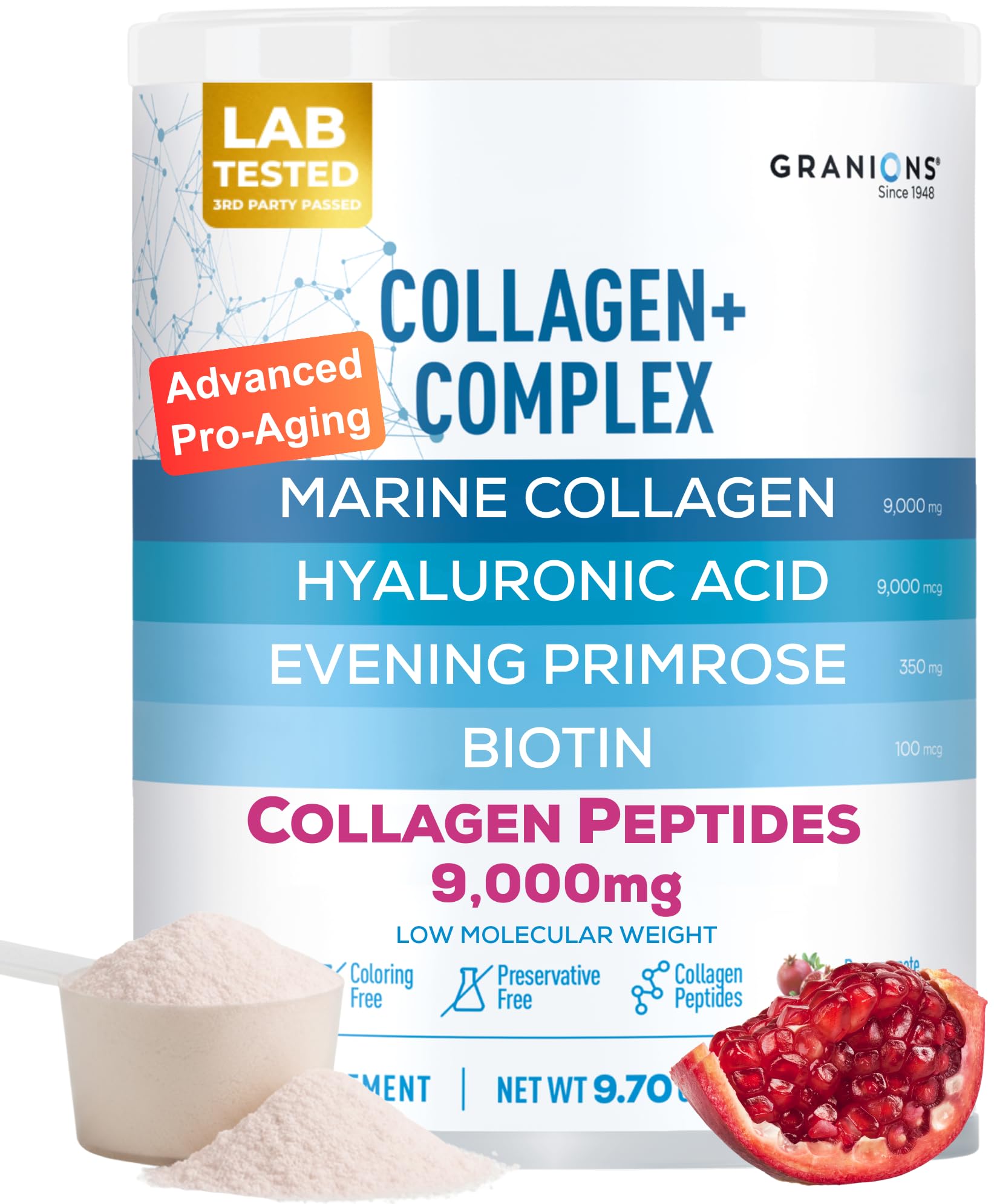 Marine Collagen Powder Supplement - Type I Hydrolyzed Marine Collagen Peptides, Protein, Biotin, Hyaluronic Acid, Vitamin C, Vital Antioxidants - Skin