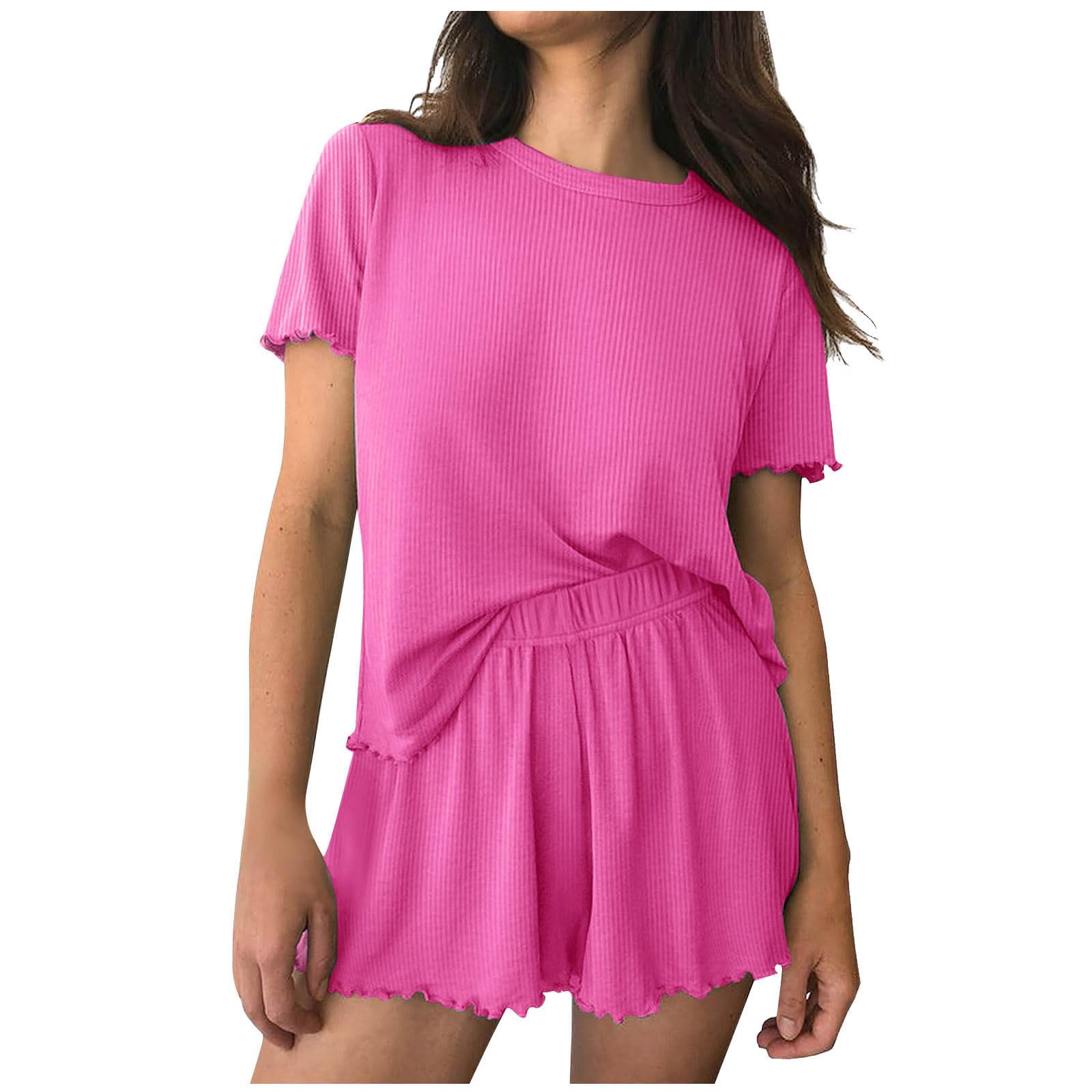 2 Piece Lounge Sets Womens Pajamas Set Short Sleeve Knitted Ribbed Sleepwear Shorts Sets Casual Comfy Pjs Loungewear