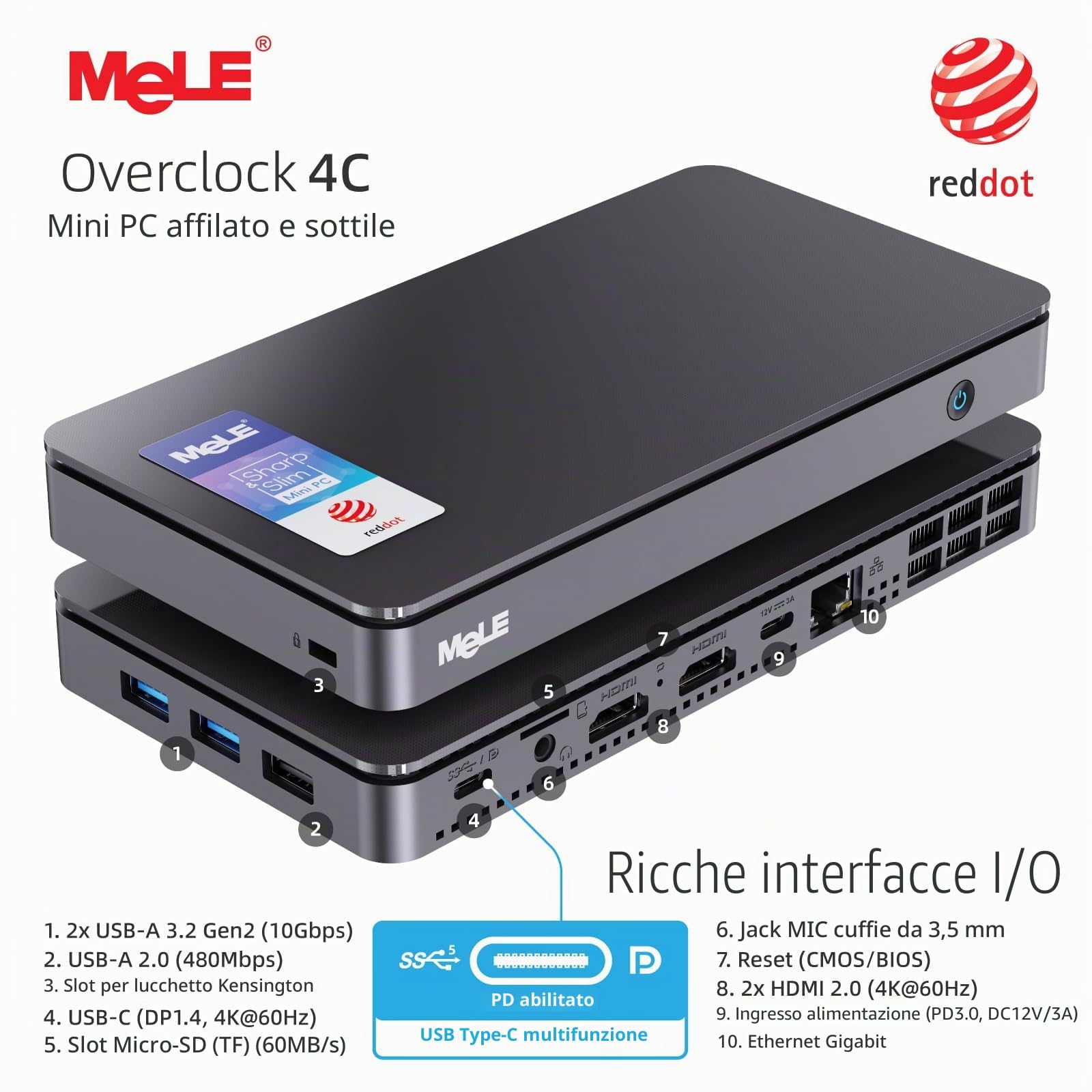 Mele Overclock4C Mini PC, N300 16GB 512GB, HDMI USBC Triple 4K | Core i3 N300 fino a 3.8GHz, 16GB RAM, 512GB PCIe 3.0x4 SSD, doppio HDMI 4K, USB-C multifunzione, Wi-Fi 5, BT5.1