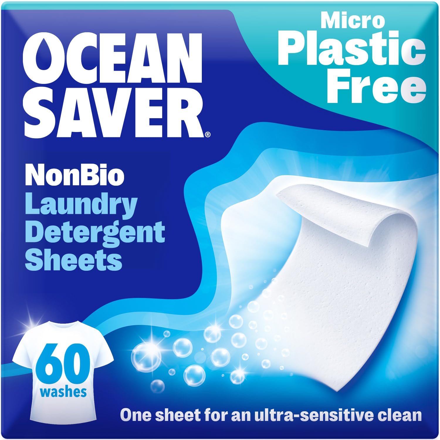 OceanSaver Eco Laundry Detergent Sheets | Non-Bio | Eco-Friendly, Biodegradable & Freshly Scented | Zero-Waste & Removes Tough Stains | Vegan, Plastic & Cruelty-Free | Plant Based Formula (60 Washes)