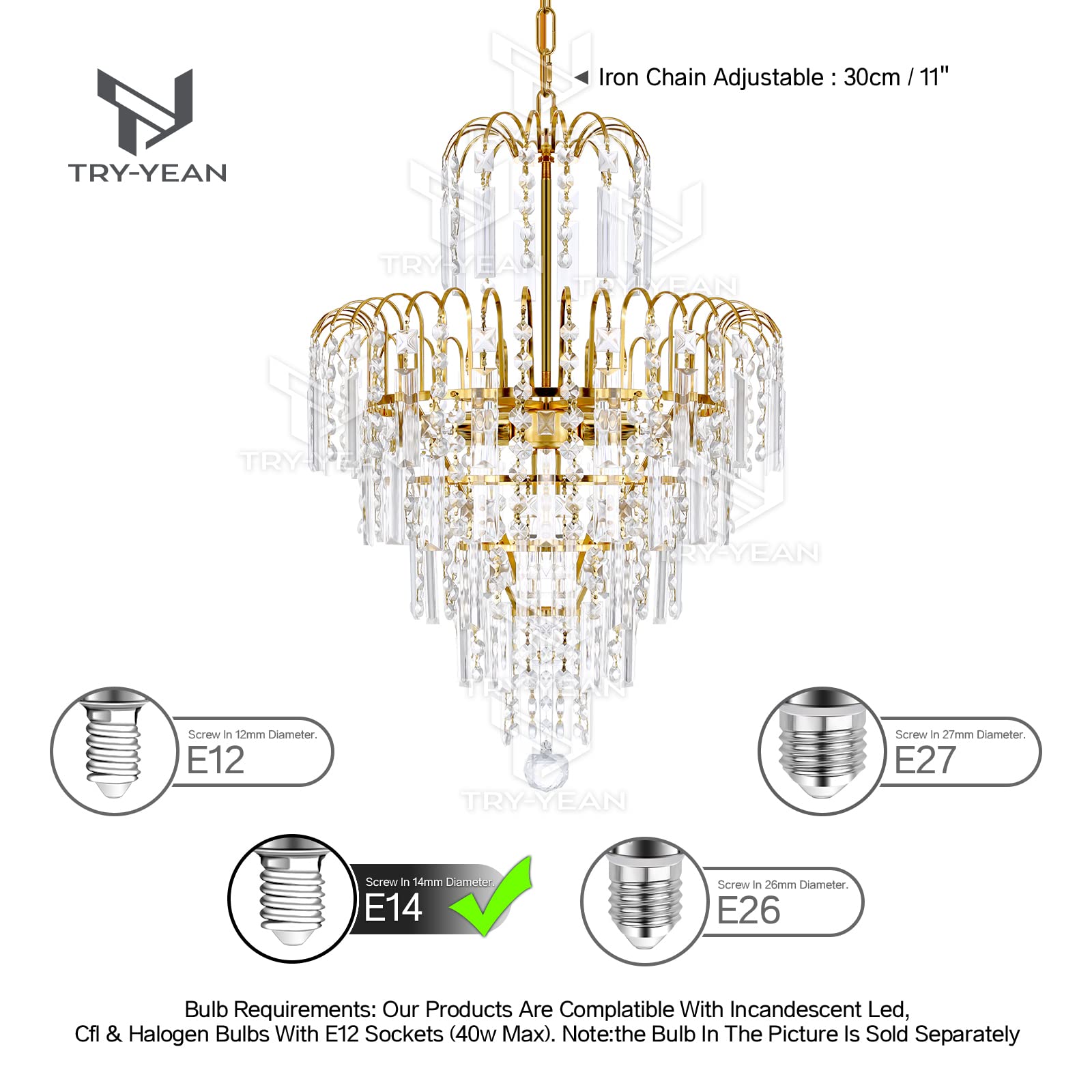 Lampadario in Cristallo Dorato Moderno 6 Livelli 4 Luci Plafoniera da Incasso per Camera da Letto, Soggiorno, Cucina, Hotel