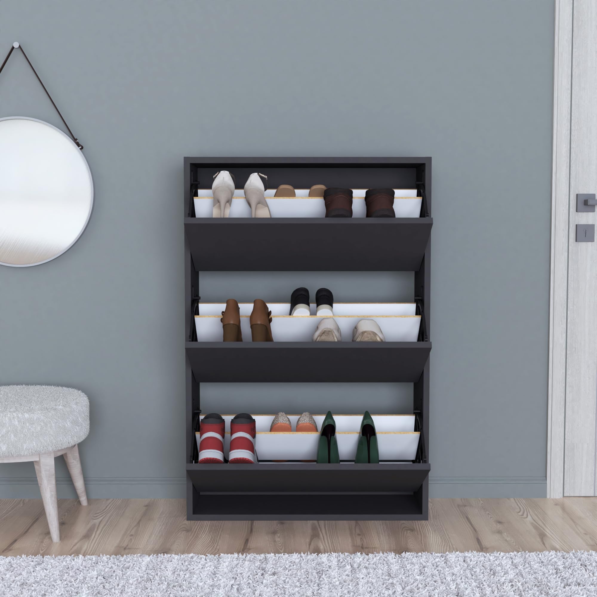 [en.casa] Schuhschrank Aurskog Schuhkipper für 18 Paare Schuhkommode mit 3 Kipptüren für Eingang, Flur 110 x 73,5 x 24 cm Anthrazit