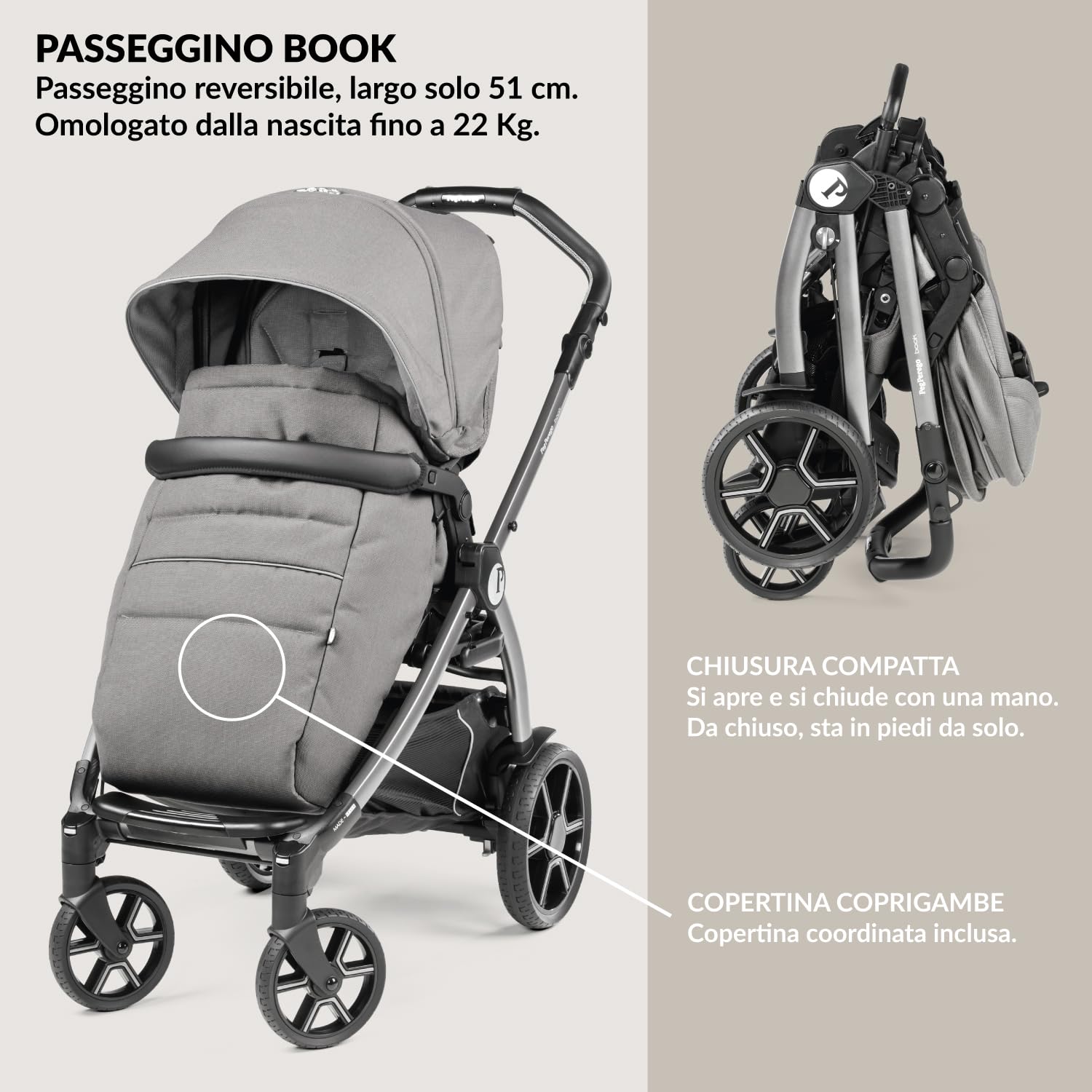 PEG Book Modular Passeggino Trio Neonati 0-4 Anni, Reversibile, Navicella, Seggiolino Auto i-Size, Mercury