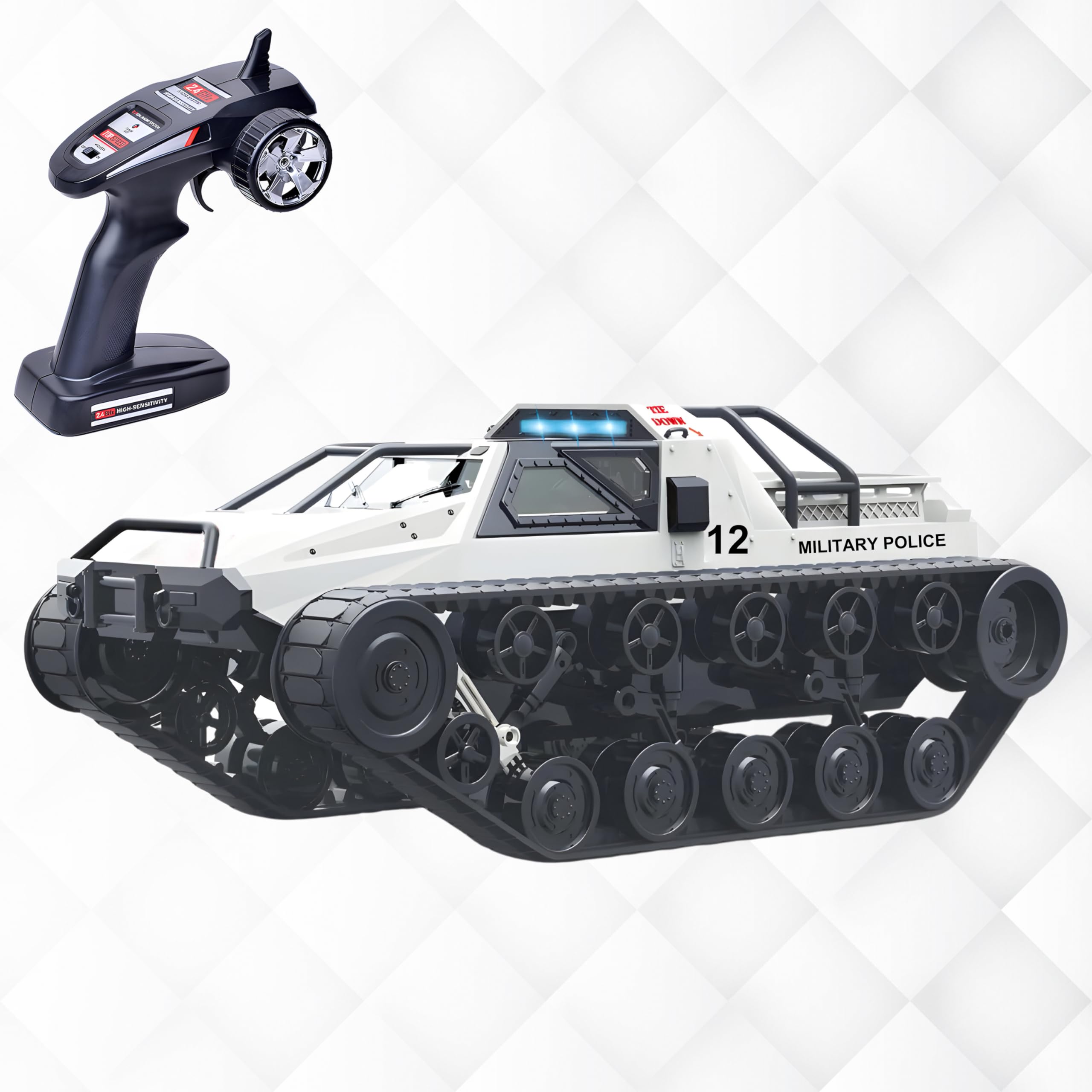 RLS 1:12 Remote Control Tank, High Speed Off-Road 4WD RC Tank 2.4 Ghz All Terrain RC Car with led Lights White (White)
