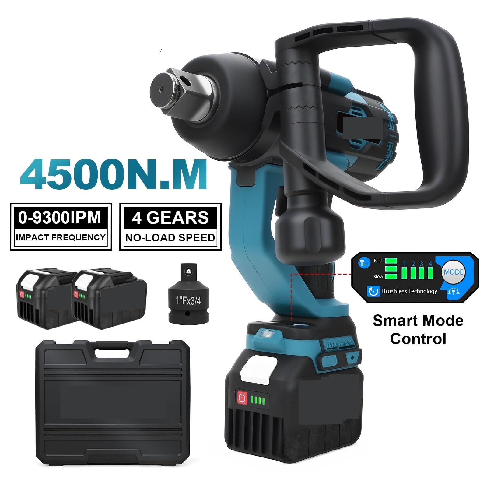Llaves dinamométricas Llave eléctrica sin escobillas 4500N.M Taladro eléctrico de impacto inalámbrico 1 pulgada Llave dinamométrica Drive(2 Battery)