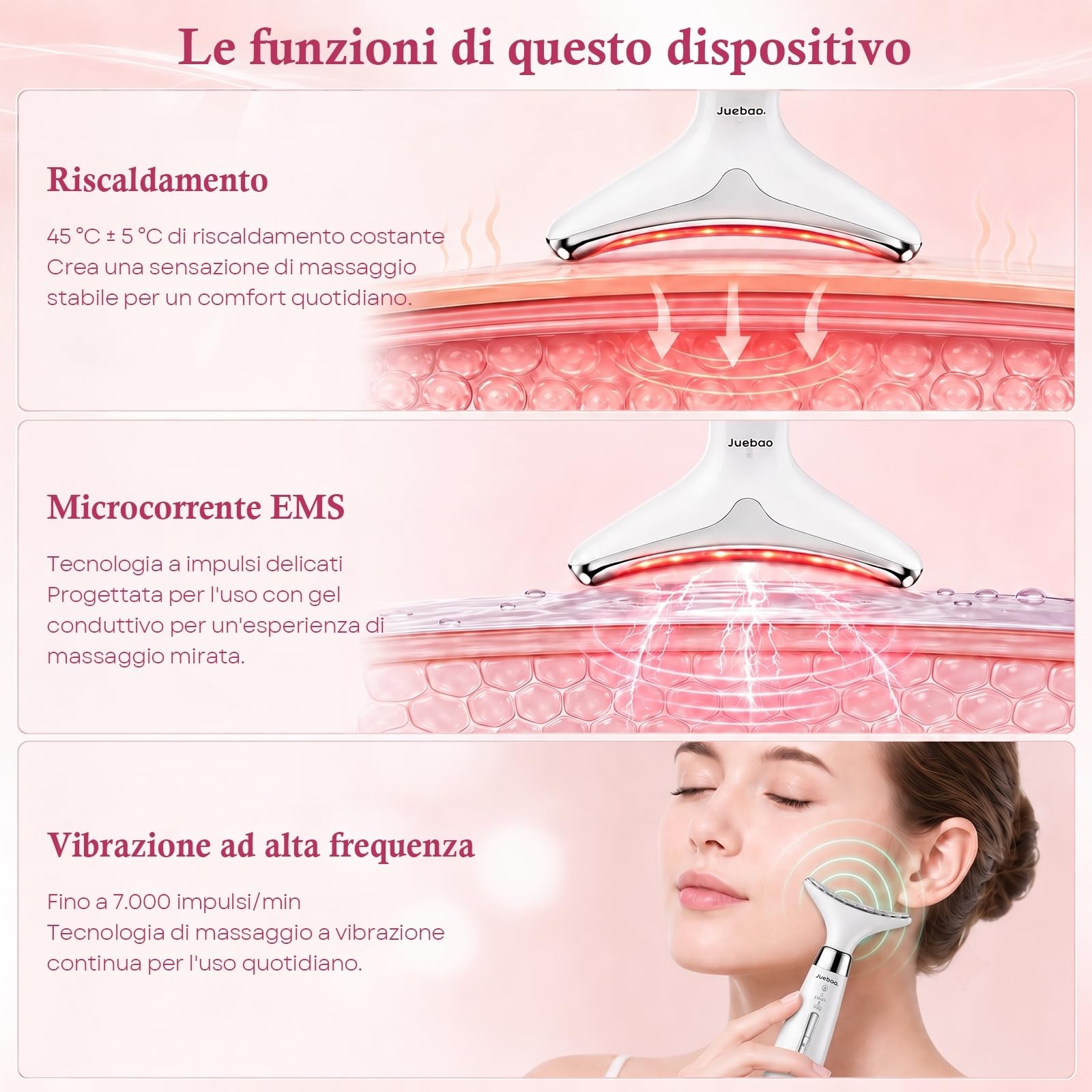Massaggiatore Viso Lifting Antirughe Elettrico: 4-in-1 Apparecchio Massaggio Viso con 4 Testine Intercambiabili, Luce LED 3 Modalità, Calore 45°C, Massaggio Vibrante per Viso e Collo, per Uomo e Donna