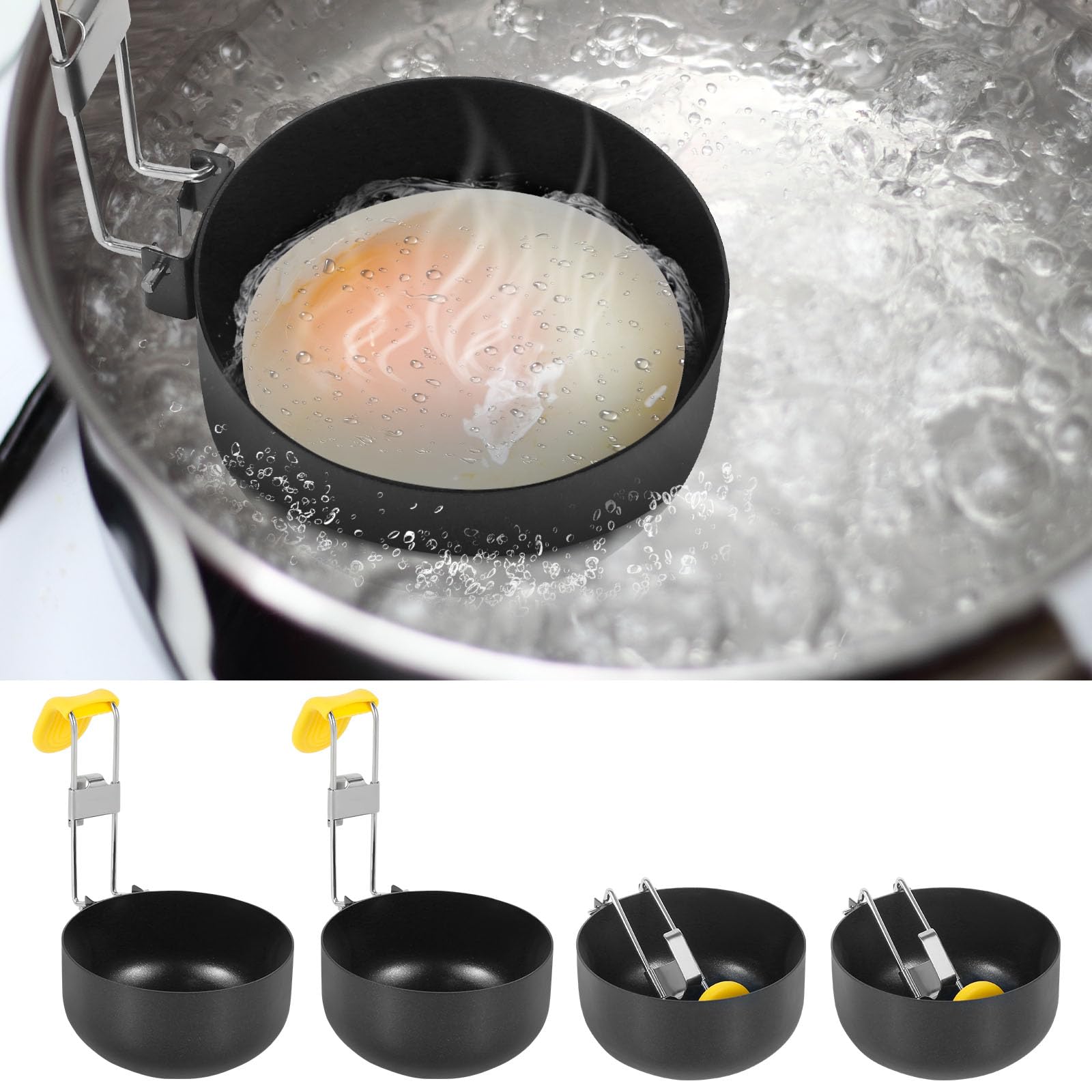 Egg Poacher Pan Nonstick Metal Poached Egg Maker with Collapsible Hang Ear,Dia 8cm Poaching Eggs Cooker Foldable Egg Boiler Poachers Cookware Kitchen Tool(4pcs)