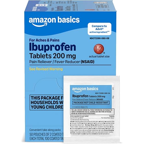 Amazon Basics Ibuprofen Tablets, 200 mg, Pain Reliever and Fever Reducer, for Headache, Muscular Aches, Arthritis, Backache and More, 100 Count (Pack of 1) (Previously Care)