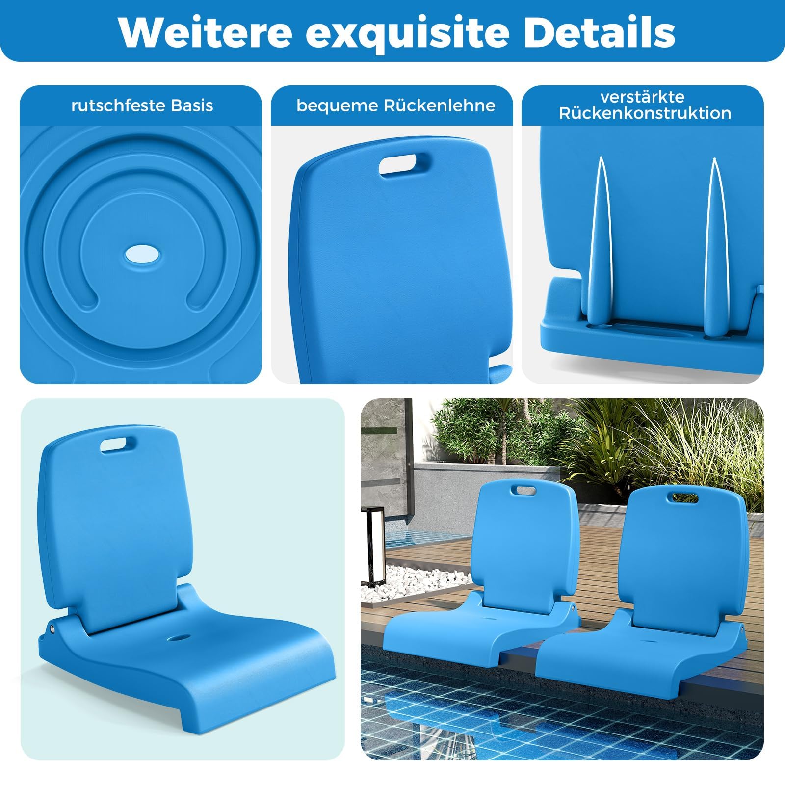 FANTASK Siège pliable portable avec poignée, support dorsal et trou de drainage, chaise de sol pour piscine, camping, pique-nique, stade (bleu)